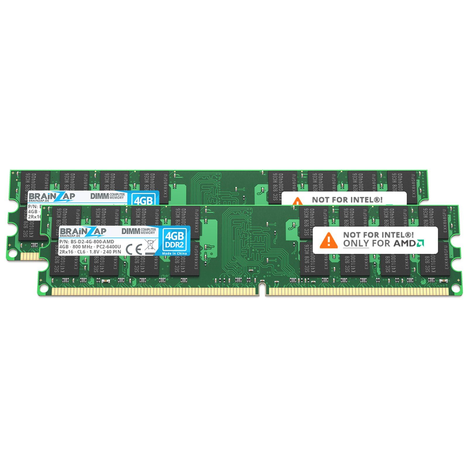 BRAINZAP 8GB (2x 4GB) RAM PC2-6400U-666 DIMM PC-Arbeitsspeicher (800 MHz, CL6, 2Rx16, Non-ECC, Unbuffered, Desktop-PCs - nur AMD)
