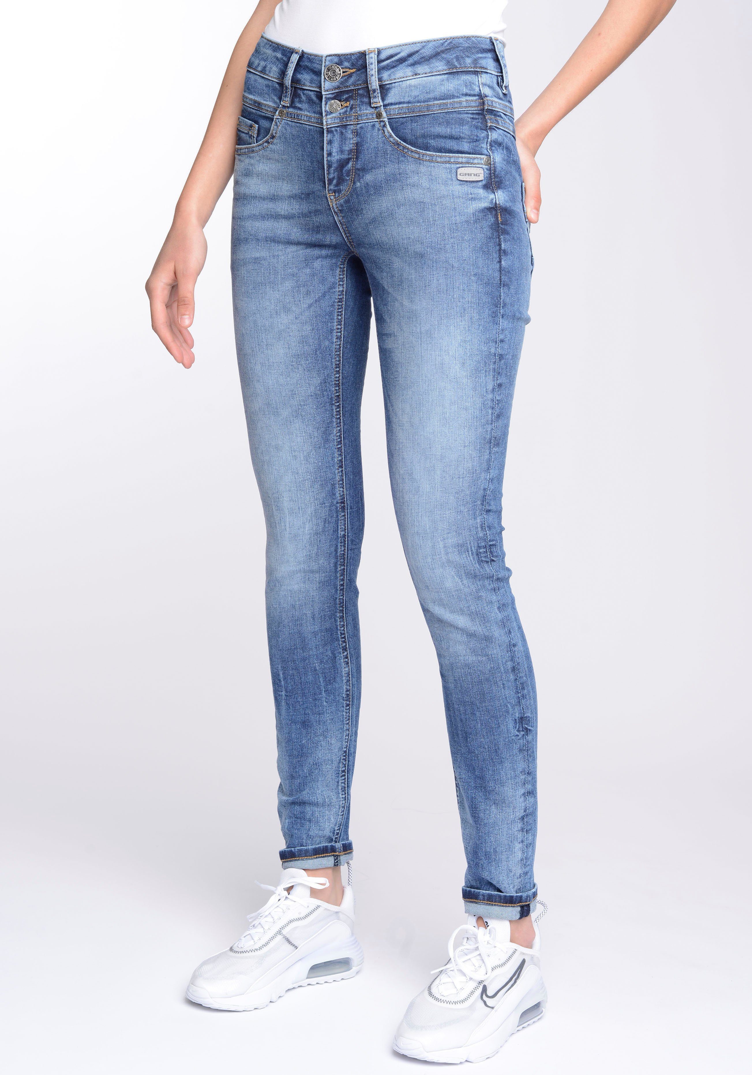 (mid 3-Knopf-Verschluss Skinny-fit-Jeans mit und Wash Midblue 94MORA blue) vorne GANG Passe