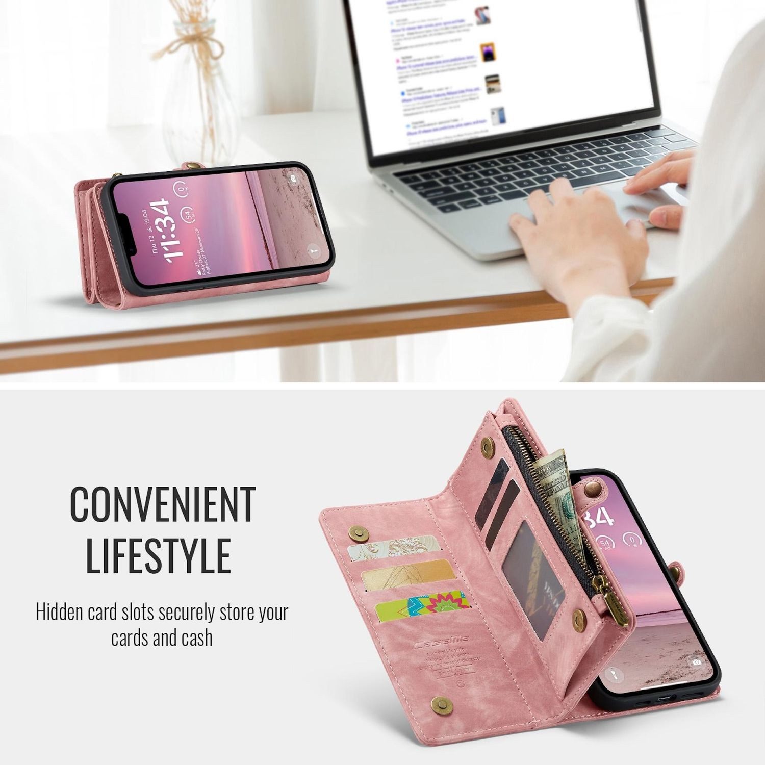 CaseMe Handyhülle Für Apple iPhone 16e Kunstleder Multifunktion Zipper Tasche Hülle Pink, Kunstleder Schutz Tasche Smart Case Multifunktion