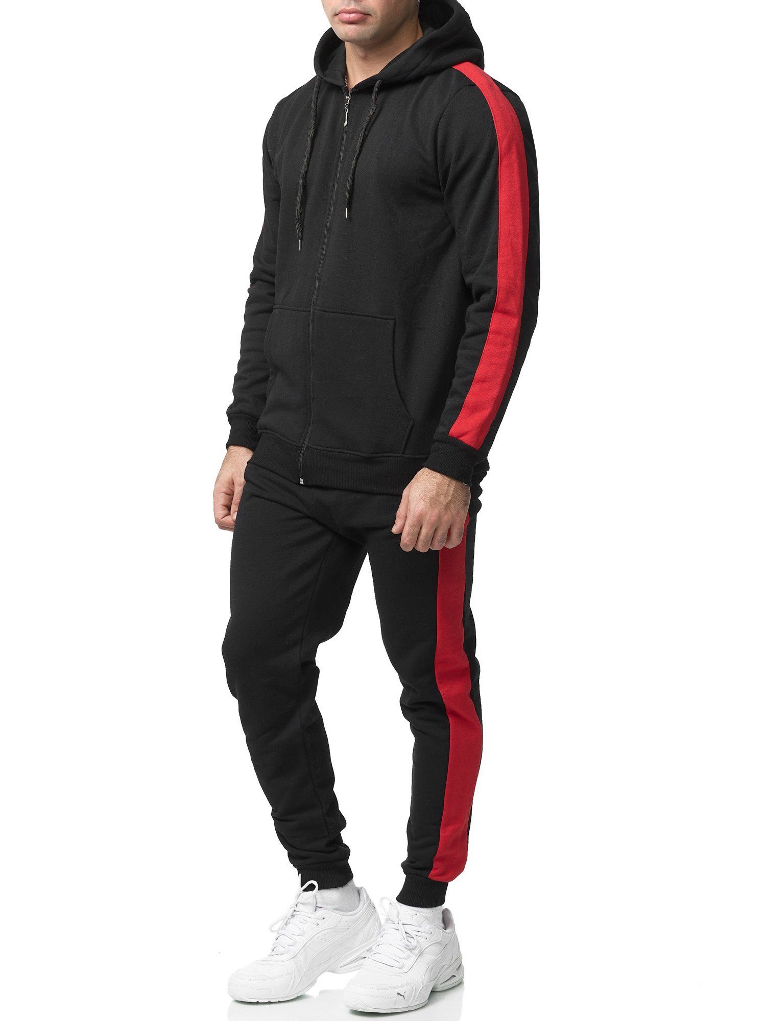L.gonline Freizeitanzug Herren Jogginganzug zweifarbig sportlich mit Streifen, 526 (Kapuzenjacke mit Reißverschluss, Hose, 2-tlg), Fitness Freizeit Casual