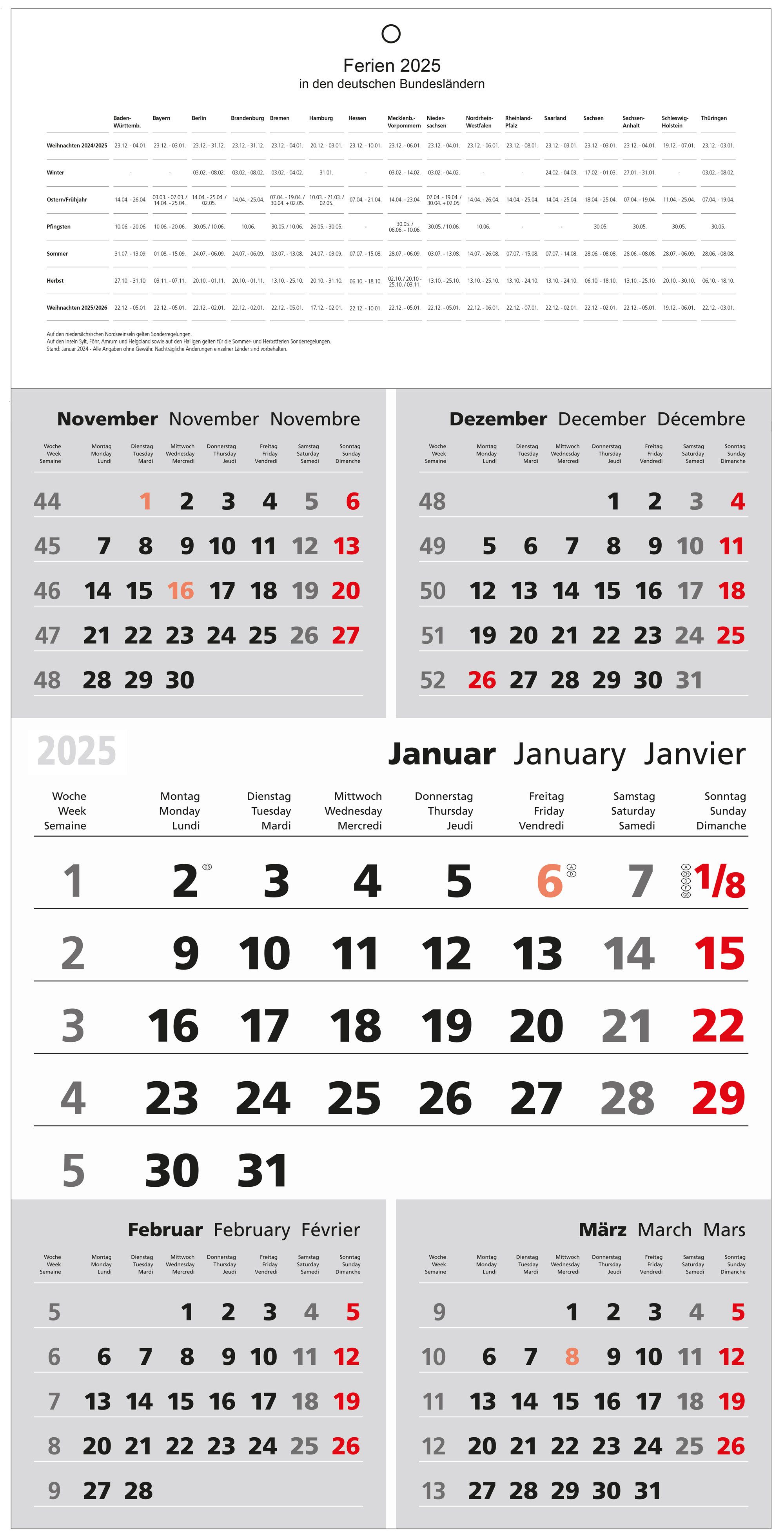 GÜSS Kalender Monatskalender 2025 Güss 5-Monatskalender 60x30cm, 5-Monatskalender