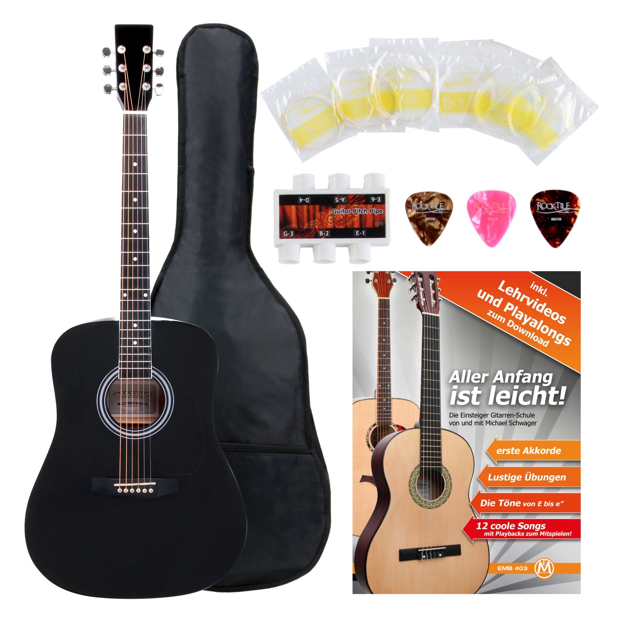 Classic Cantabile Westerngitarre WS-10 Akustikgitarre für Anfänger & Fortgeschrittene, Dreadnought, Starter-Set, Inkl. Tasche, Plektren, Ersatz-Saiten und Stimmpfeife