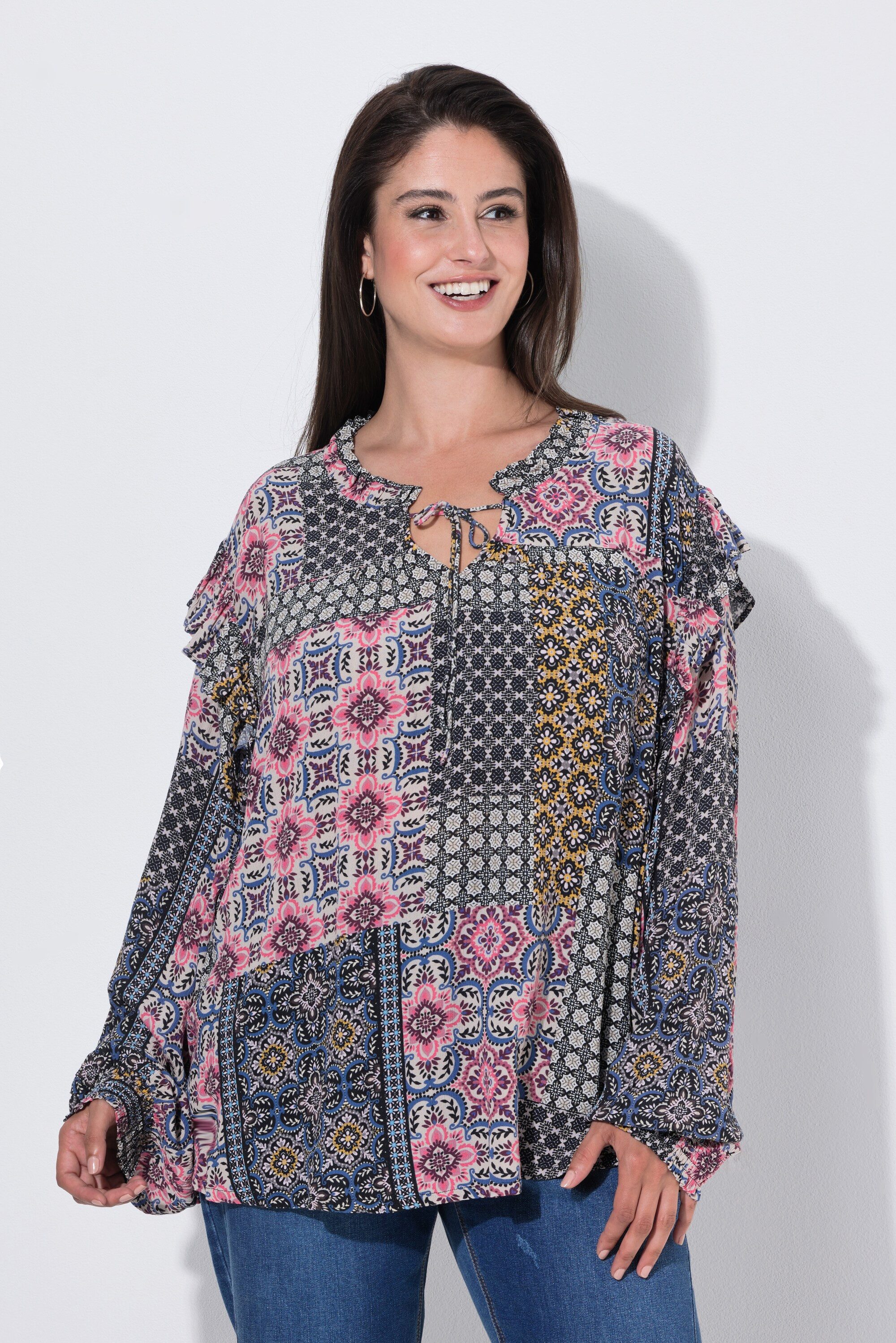 Ulla Popken Longbluse Bluse Rüschen A-Linie Rundhals Langarm