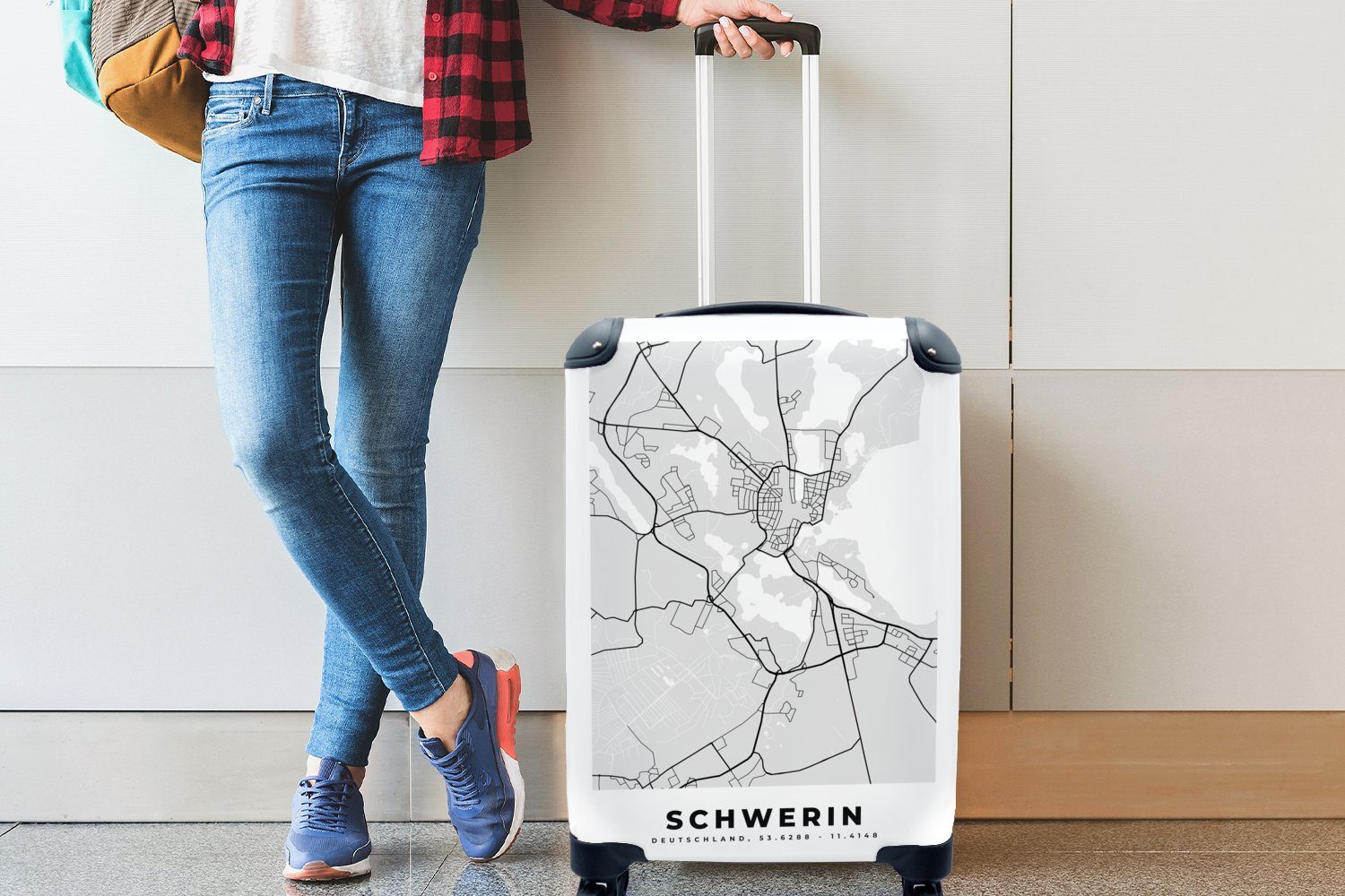- Reisekoffer - Stadtplan, 4 MuchoWow Deutschland Schwerin Handgepäckkoffer - mit Handgepäck Reisetasche rollen, für Karte Ferien, Trolley, Rollen,
