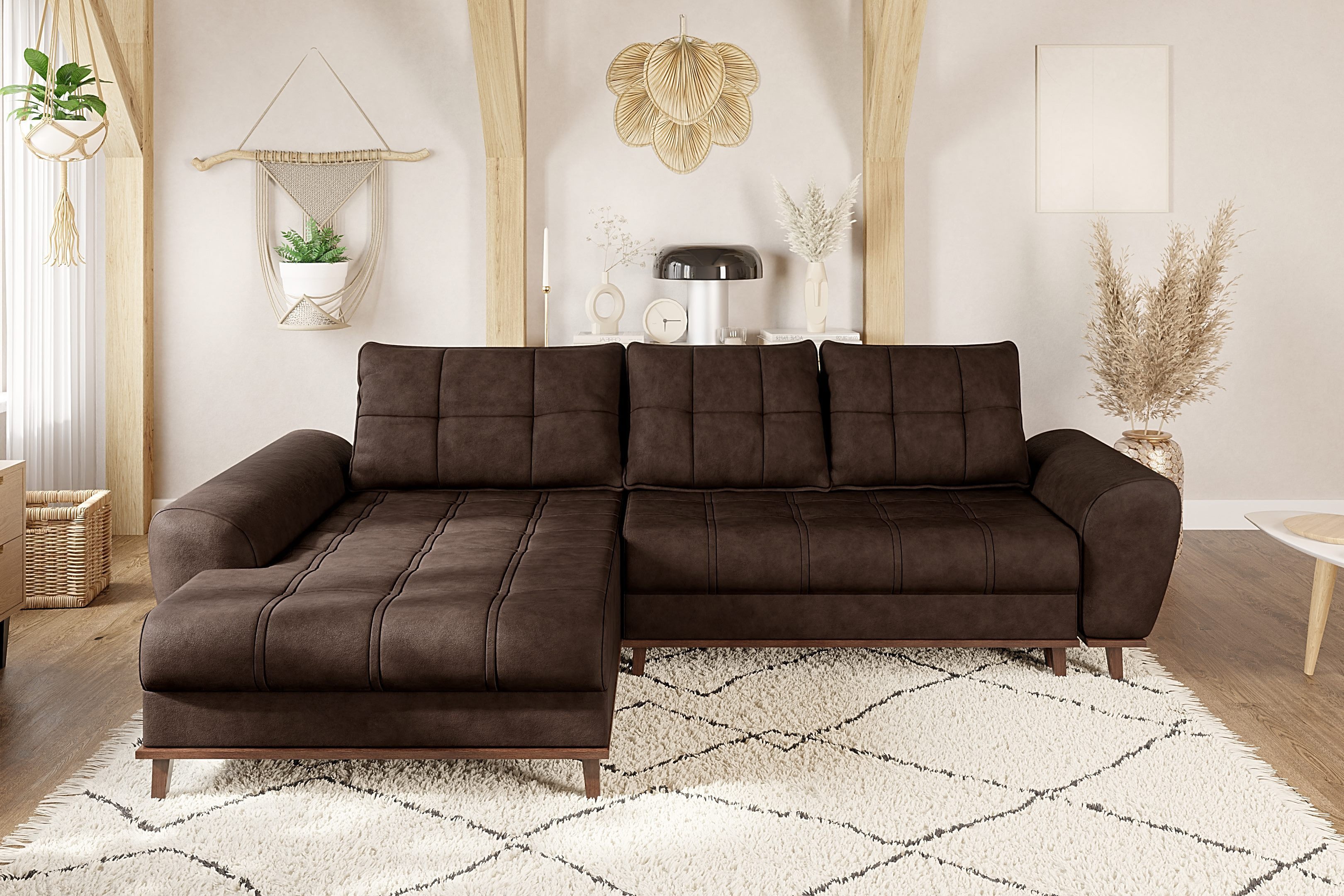 luma-home Ecksofa 21018, in Leder-Optik mit Schlaffunktion und Bettkasten, Wellenunterfederung, B268/T175/H86 cm, Ottomane links, Bezug Mikrofaserstoff Vintage Braun