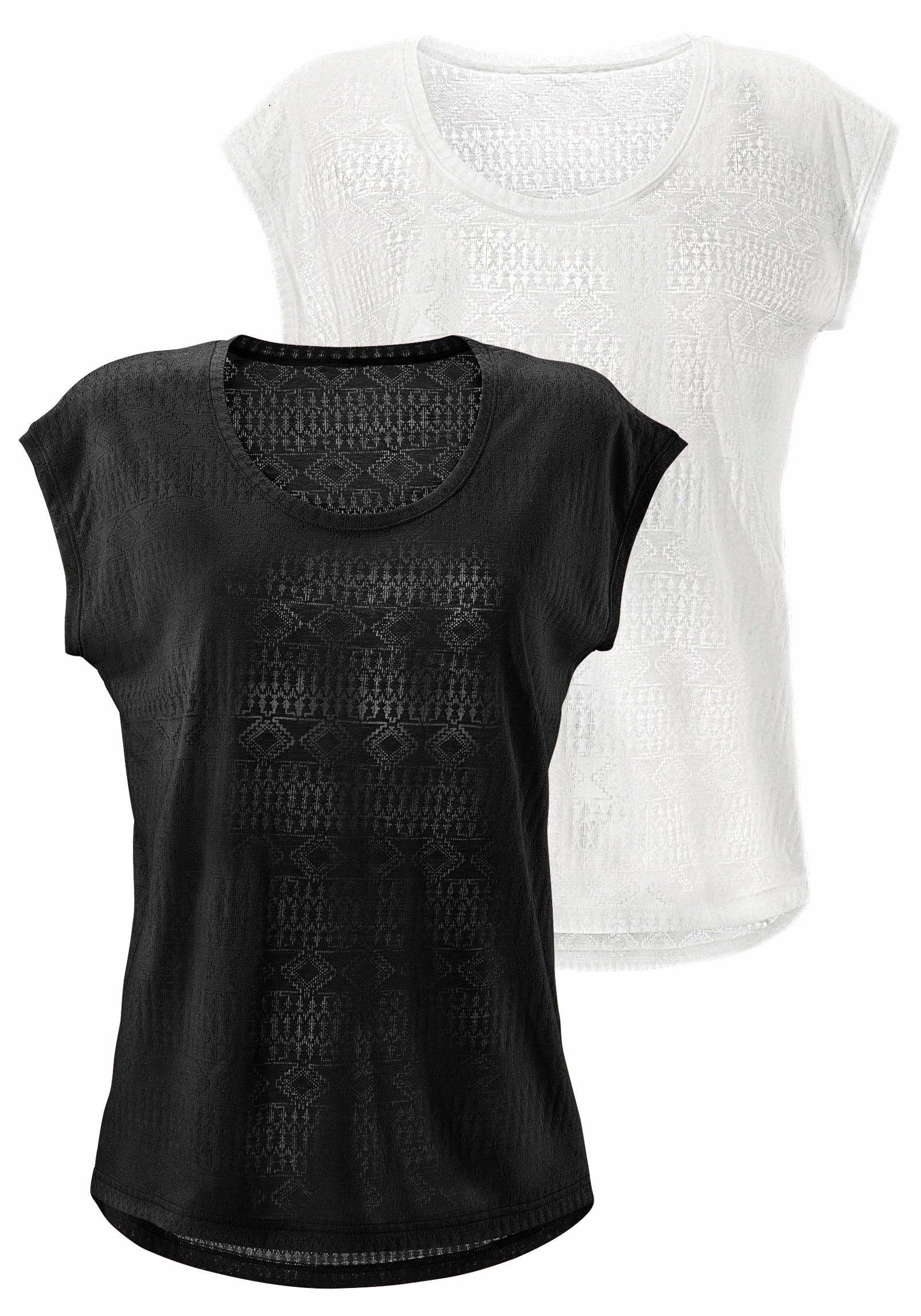 transparentem T-Shirt (2er-Pack) leicht Ausbrenner-Qualität LASCANA mit Ethno-Design
