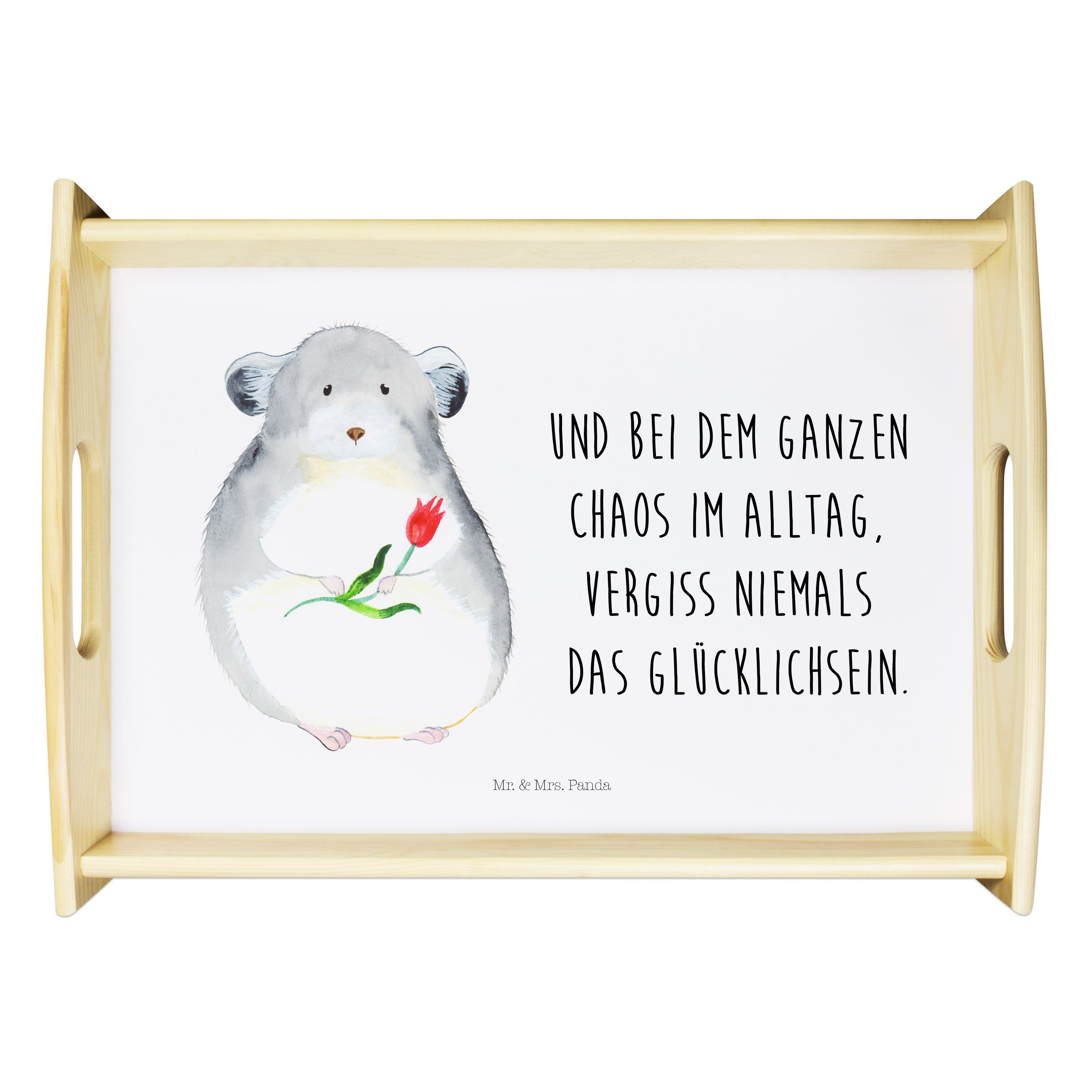 Mr. & Mrs. Panda Tablett Chinchilla mit Blume - Weiß - Geschenk, traurig sein, Gute Laune, Tab, Echtholz lasiert, (1-tlg)