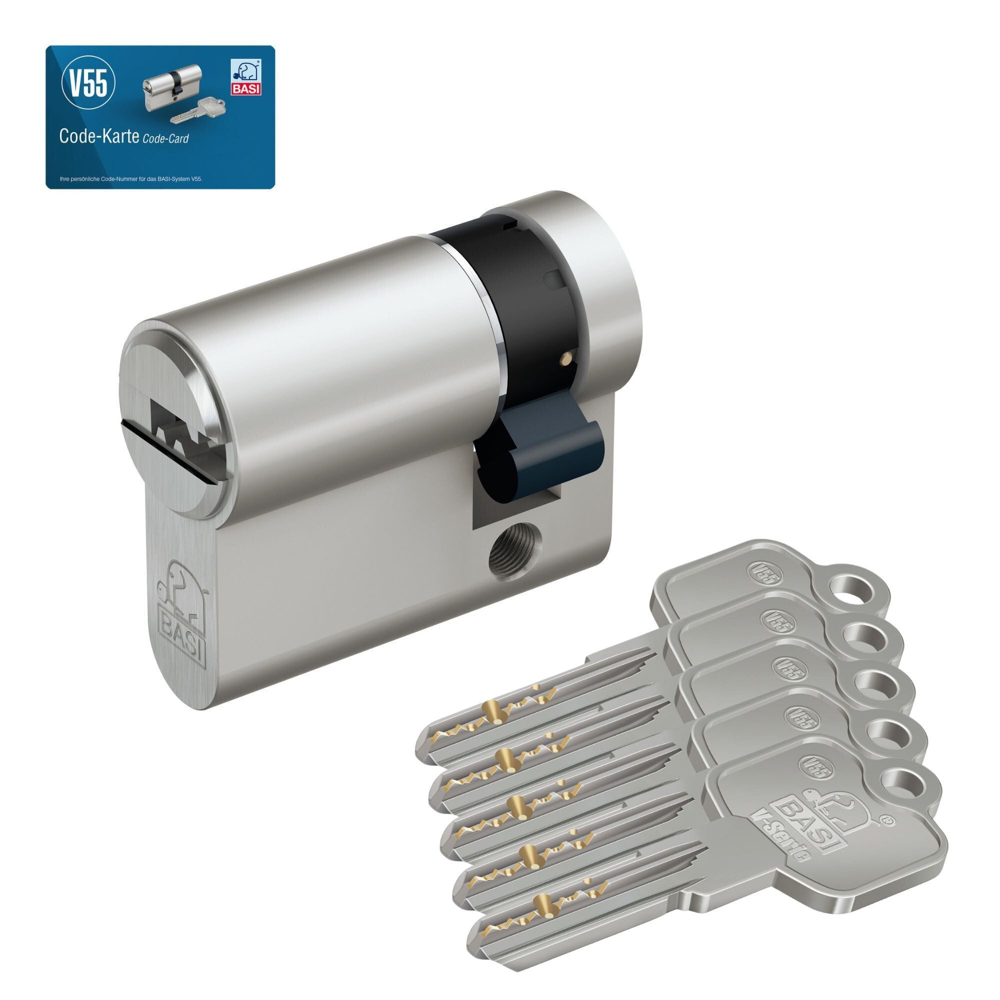 BASI Schließzylinder V55, Verschiedenschließend, diverse Длинаn, (Packung, 1-St), Halbzylinder 10/30 mm, 8-fach vestellbare Schließnase, 5 Schlüssel