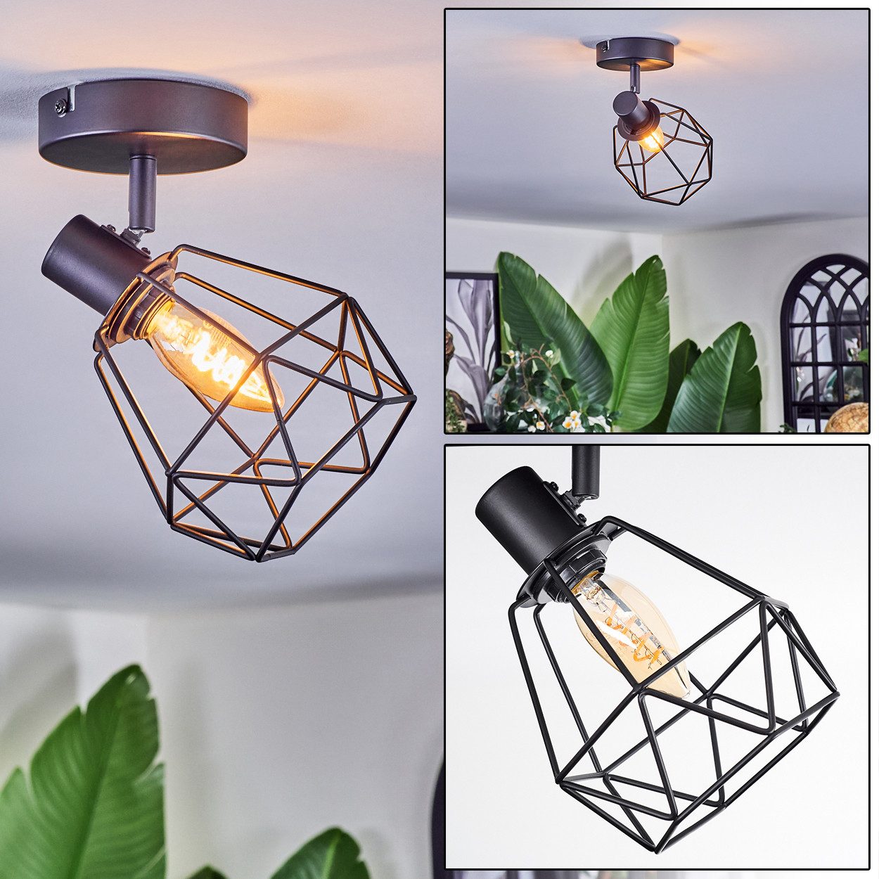 hofstein Deckenleuchte Deckenlampe aus Metall in Schwarz mit Lichteffekt durch Gitter-Optik, ohne Leuchtmittel, verstellbare Deckenleuchte im Retro/Vintage-Design (Schirm 14 cm), E14