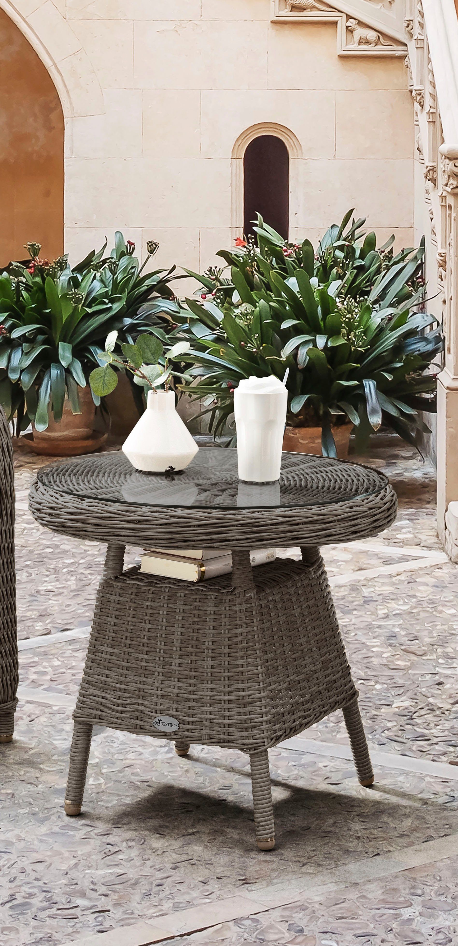 Destiny Gartentisch MALAGA, Ø 60x55 vintage cm, Glasplatte mit Polyrattan, aufgelegter grau