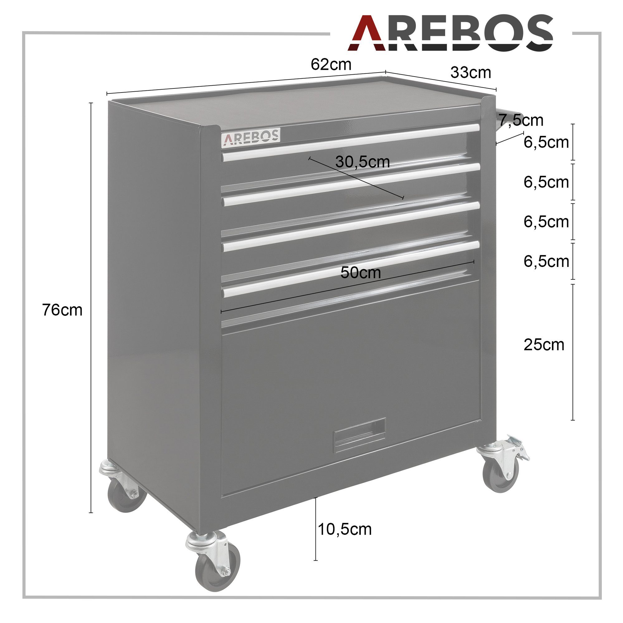 Arebos Werkstattwagen Werkzeug, Ihr großes Fach Fächer für schwarz 4 + Antirutschmatten, inkl