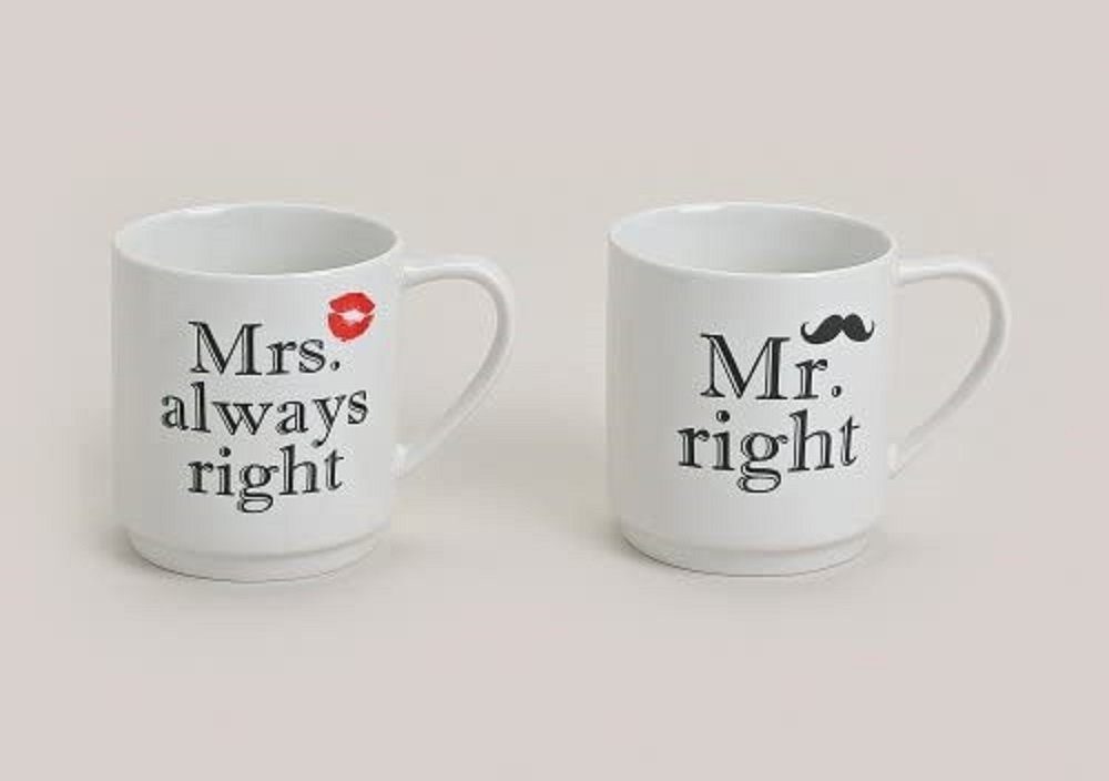 G. Wurm Tasse Becher Tasse Mr. Right Mrs. Always Right Hochzeit, Porzellan