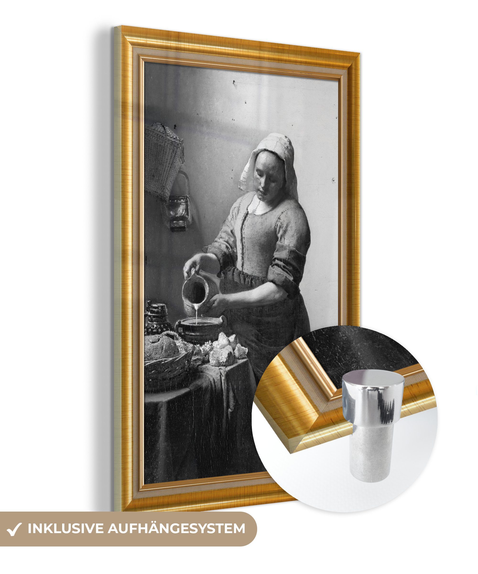 MuchoWow Acrylglasbild Milchmädchen - Vermeer - Rahmen - Gold, (1 St), Glasbilder - Bilder auf Glas Wandbild - Foto auf Glas - Wanddekoration