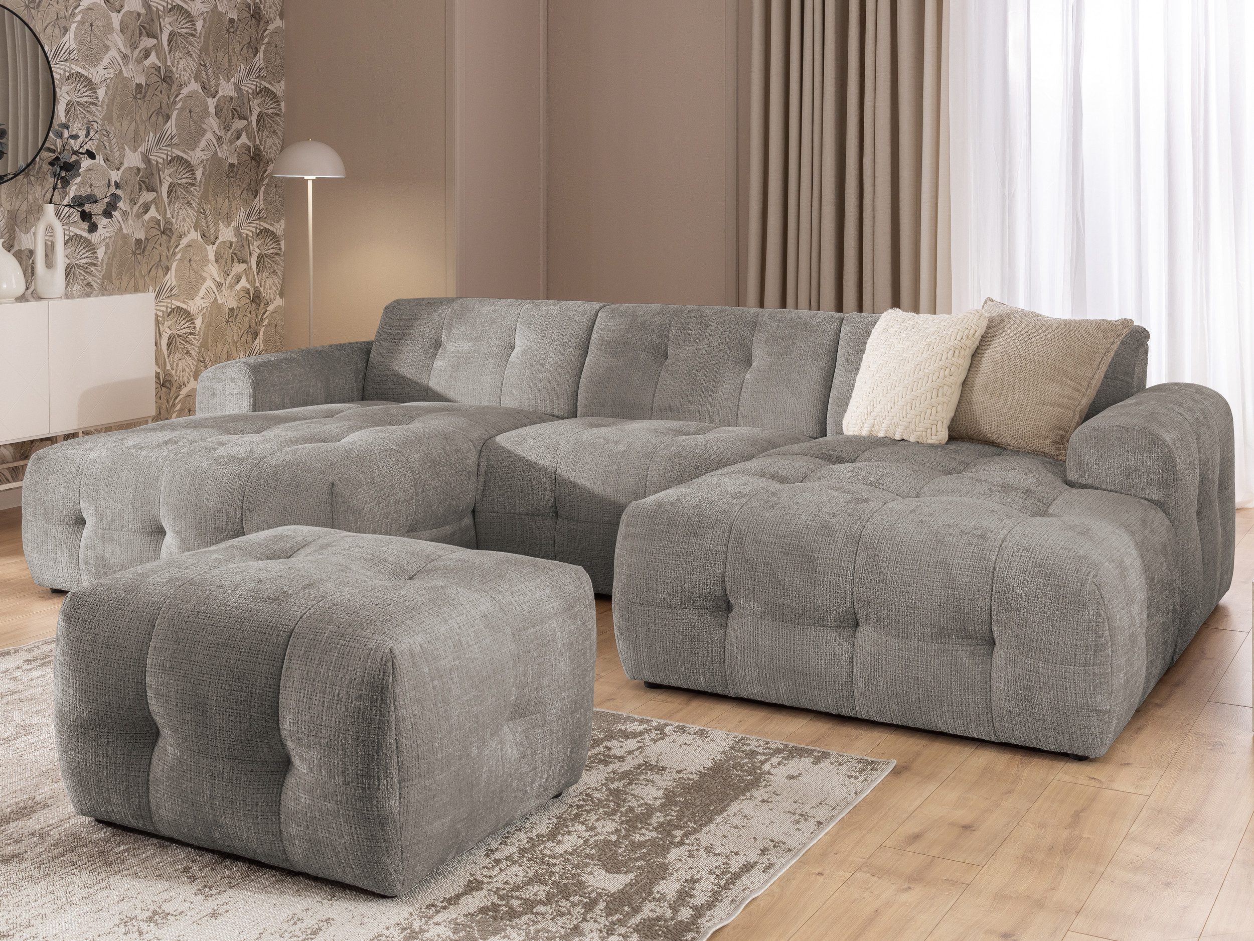 S-Style Möbel Wohnlandschaft und Hocker Kozy Bumpy-Design mit Schlaffunktion & fester Rückenlehne, aus weichem Chenille-Stoff, mit Wellenfederung