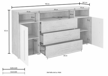 Helvetia Sideboard Roger,Breite 182cm, stilvolle Schrank, 2 Holztüren 3 Schubladen, Kommode mit viel Stauraum, Einlegeböden verstellbar