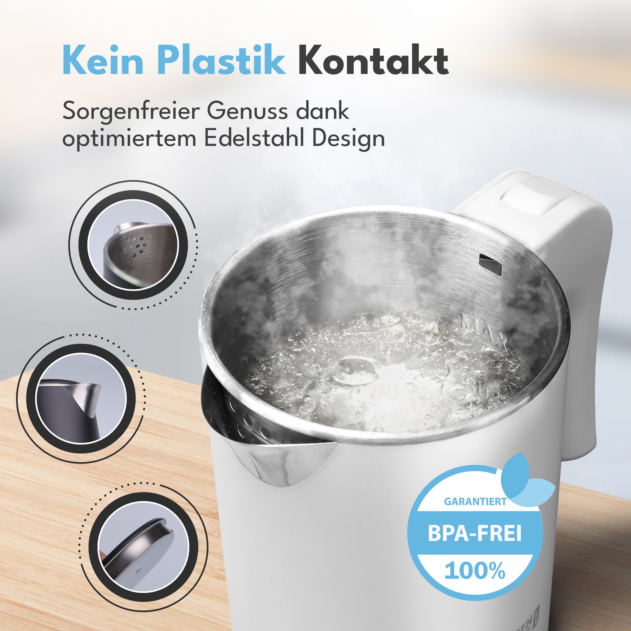 Lebenlang Reise-Wasserkocher Klein & Handlich, Ideal für die Reise, In Schwarz & Weiß, 600,00 W, Energieeffizienz I BPA-frei I Tragbares Design I Edelstahlgehäuse