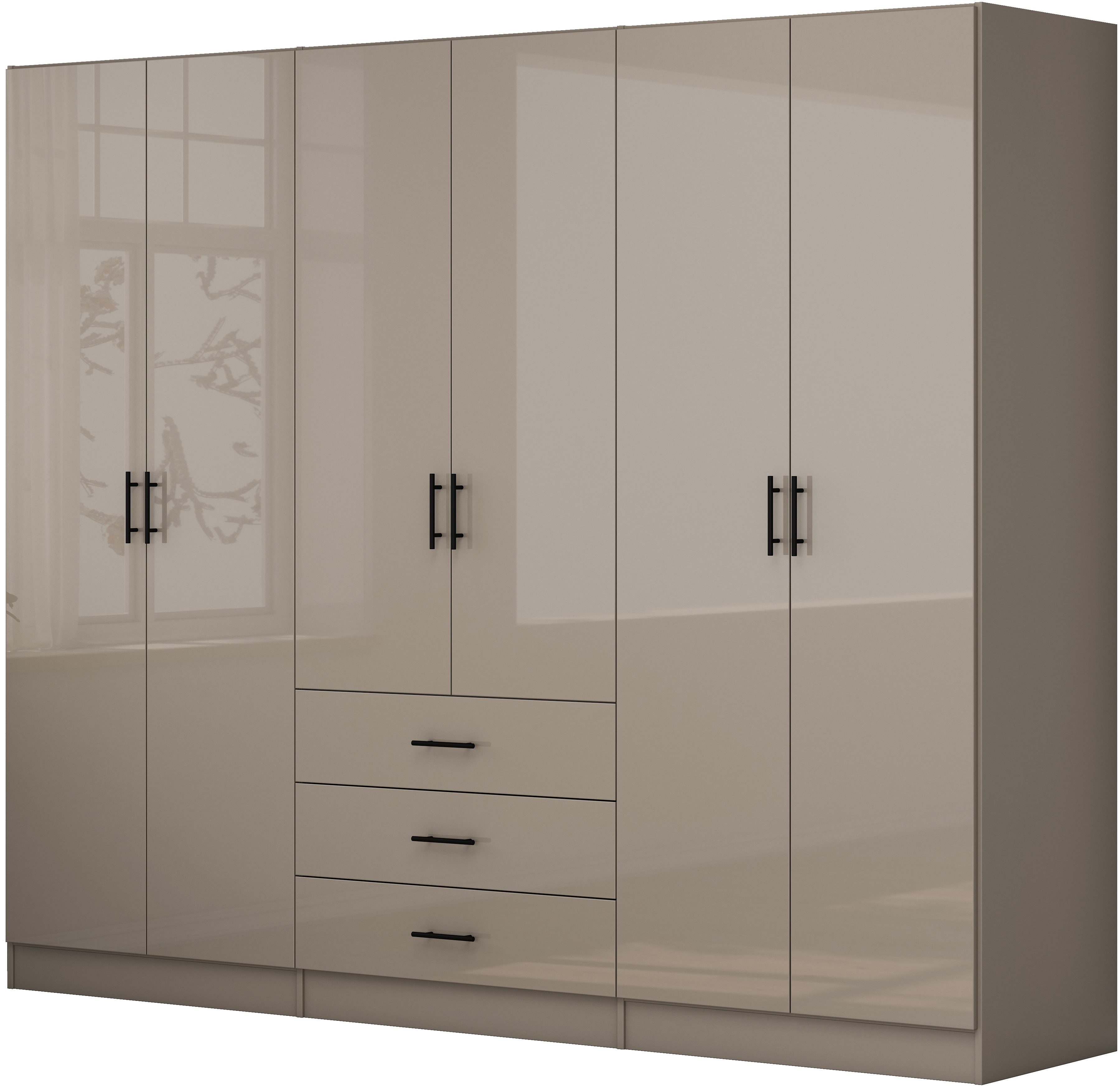 OTTO home Kleiderschrank Trento Schlafzimmerschrank Garderobe hochglanz (in 2 unterschiedlichen Schrankhöhen wählbar) Schrank mit 6 Türen und 3 Schubladen, hochglanz Fronten, Höhe 2,00m