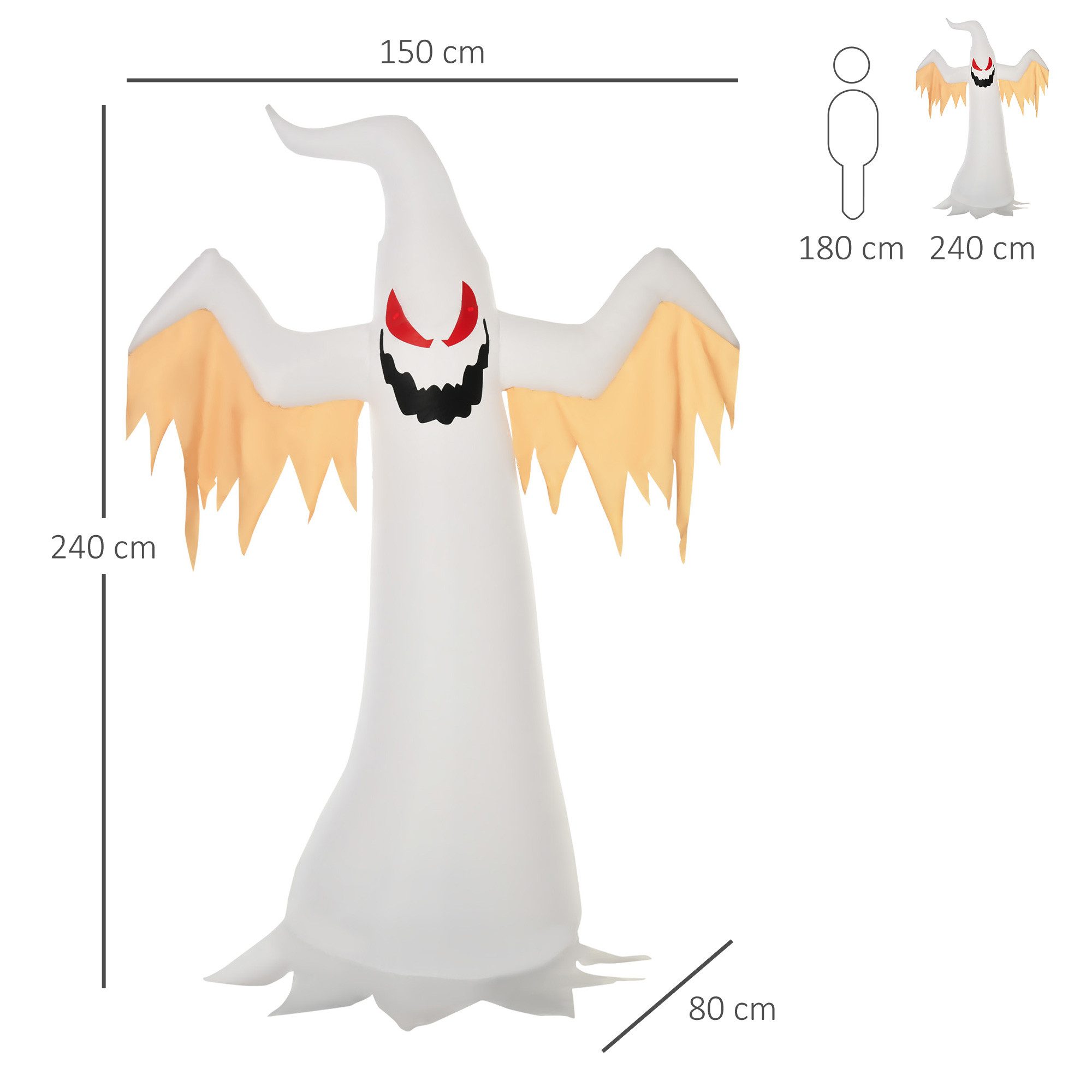 HOMCOM LED-Dekofigur aufblasbares Gespenst mit LEDs (Halloweendeko, 1 St., Aufblasbare Halloweendekoration), Polyester Weiß+Rot 150 x 80 x 240 cm