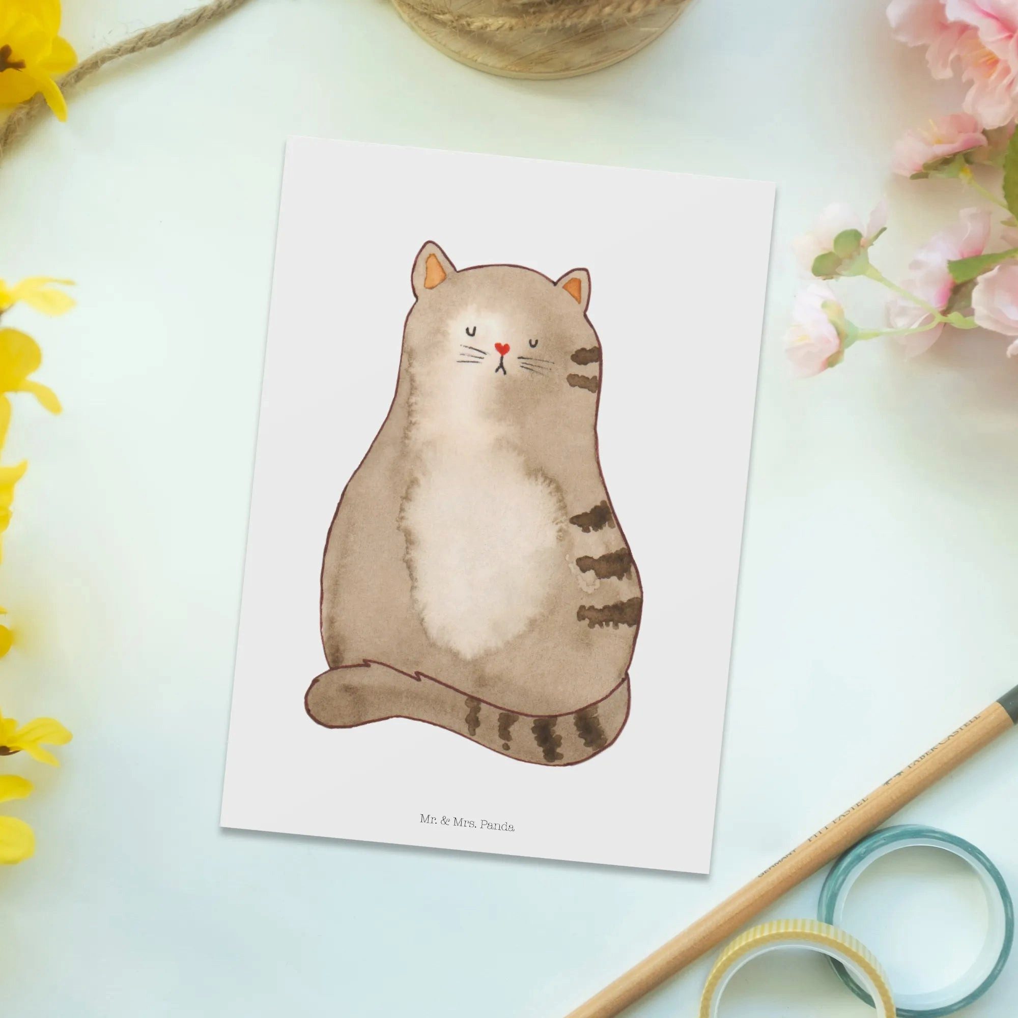 Thumbnail - Mr. & Mrs. Panda Postkarte Katze Sitzen - Weiß - Geschenk, flauschig, Einladung Geburtstag, nmot, Liebevolles Design