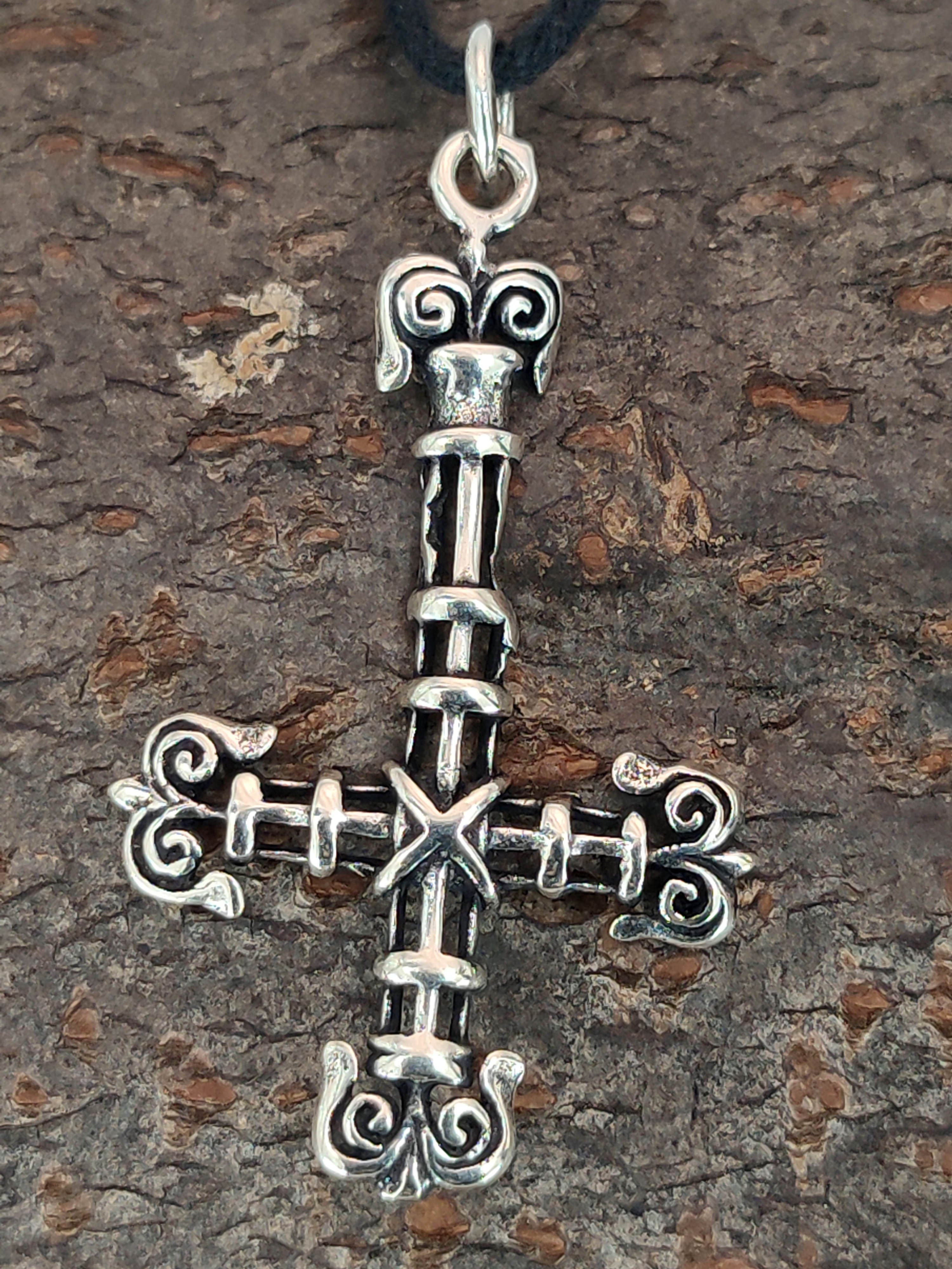 Kettenanhänger of Sterling umgekehrtes 925 Kiss Teufel Satan umgedrehtes Silber Leather Kreuz