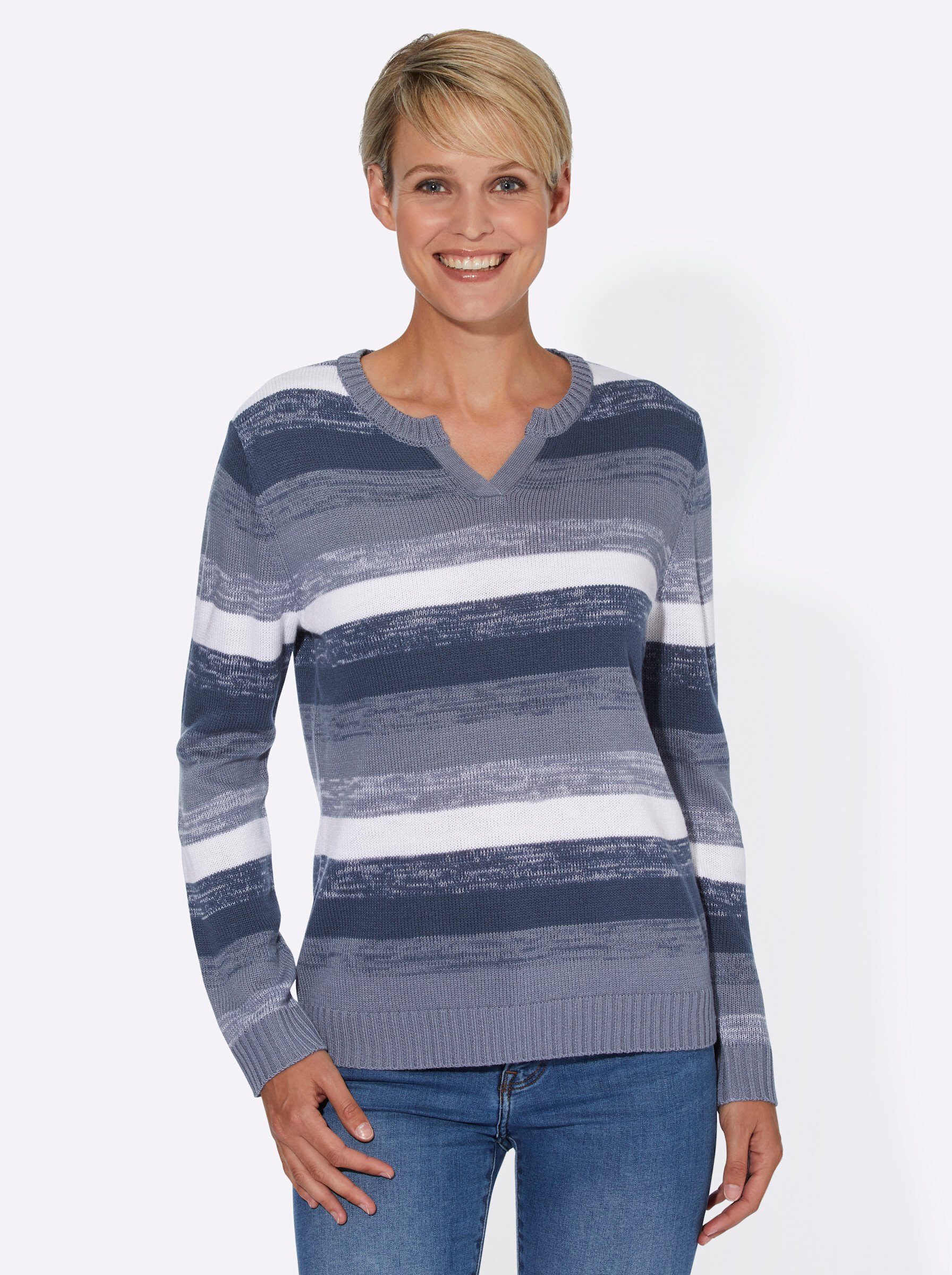 rauchblau-gemustert Strickpullover an! Sieh