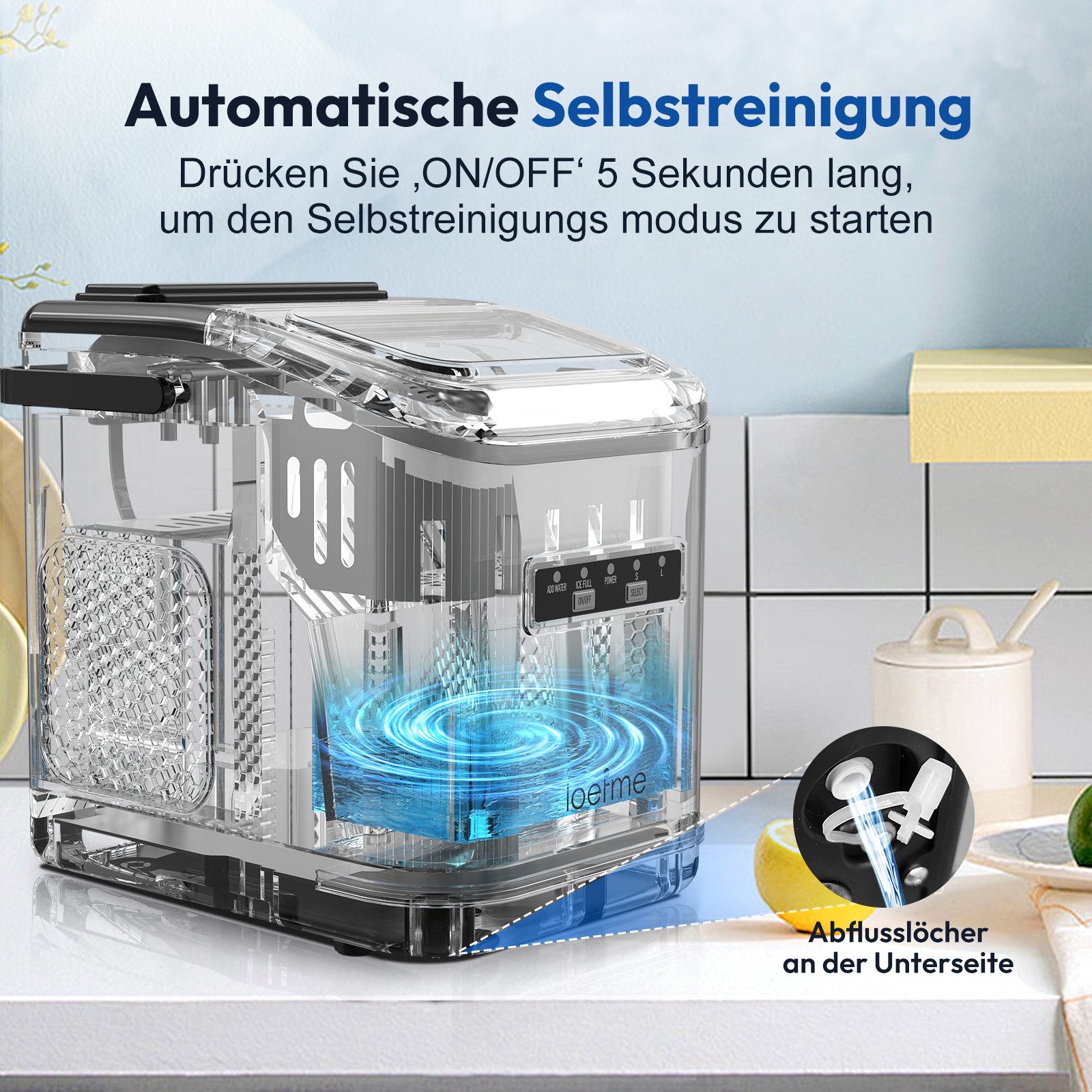loefme Eiswürfelmaschine Tragbarer, 12kg/24h, 9 Würfel in 6 Min, mit Selbstreinigung, 2 Eisgrößen, Leiser Eiswürfelbereiter mit Tragegriff, 1,4L Tank – Bild 5 von 5