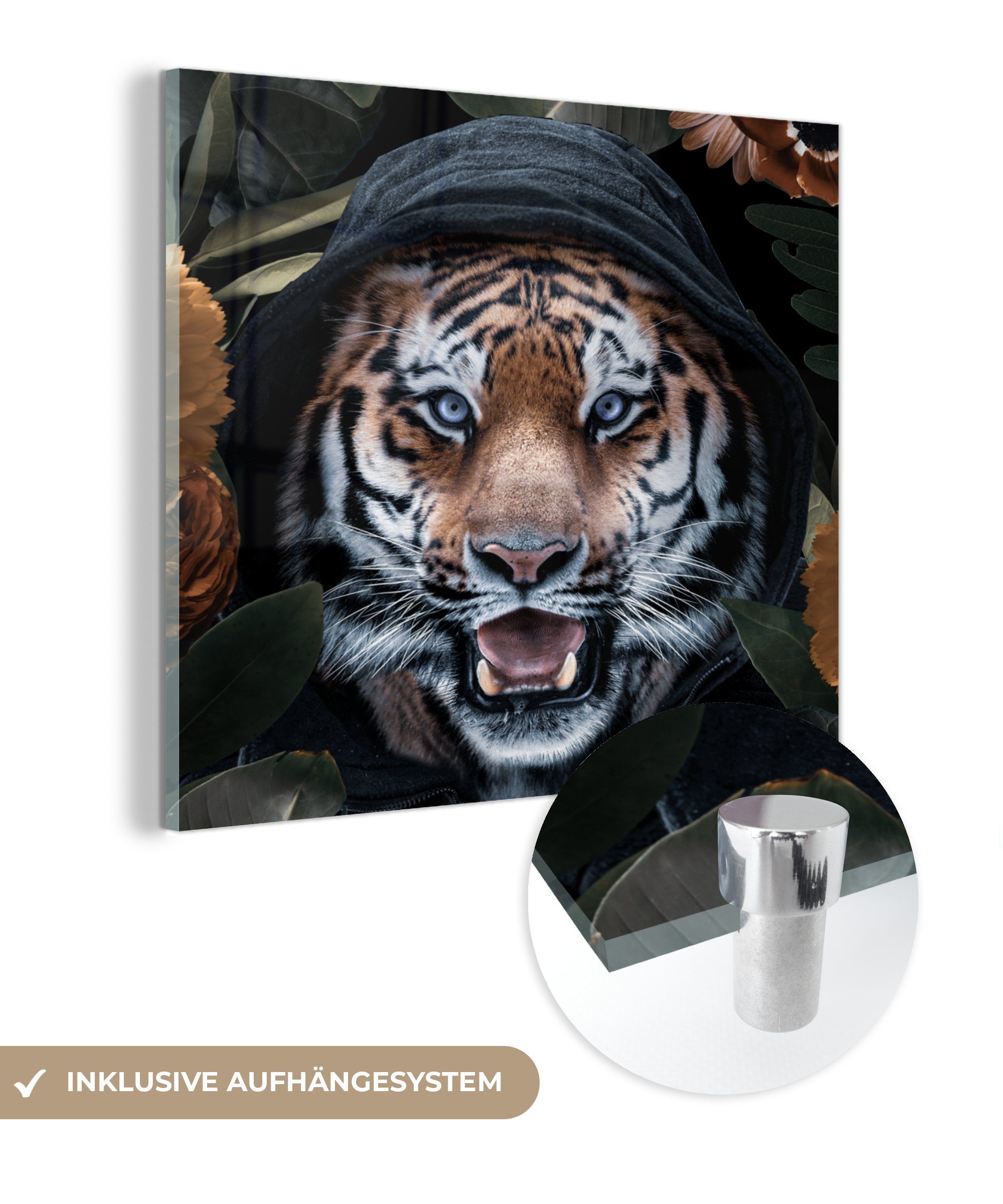MuchoWow Acrylglasbild Tiger - Kleidung - Blumen, (1 St), Glasbilder - Bilder auf Glas Wandbild - Foto auf Glas - Wanddekoration | Bilder