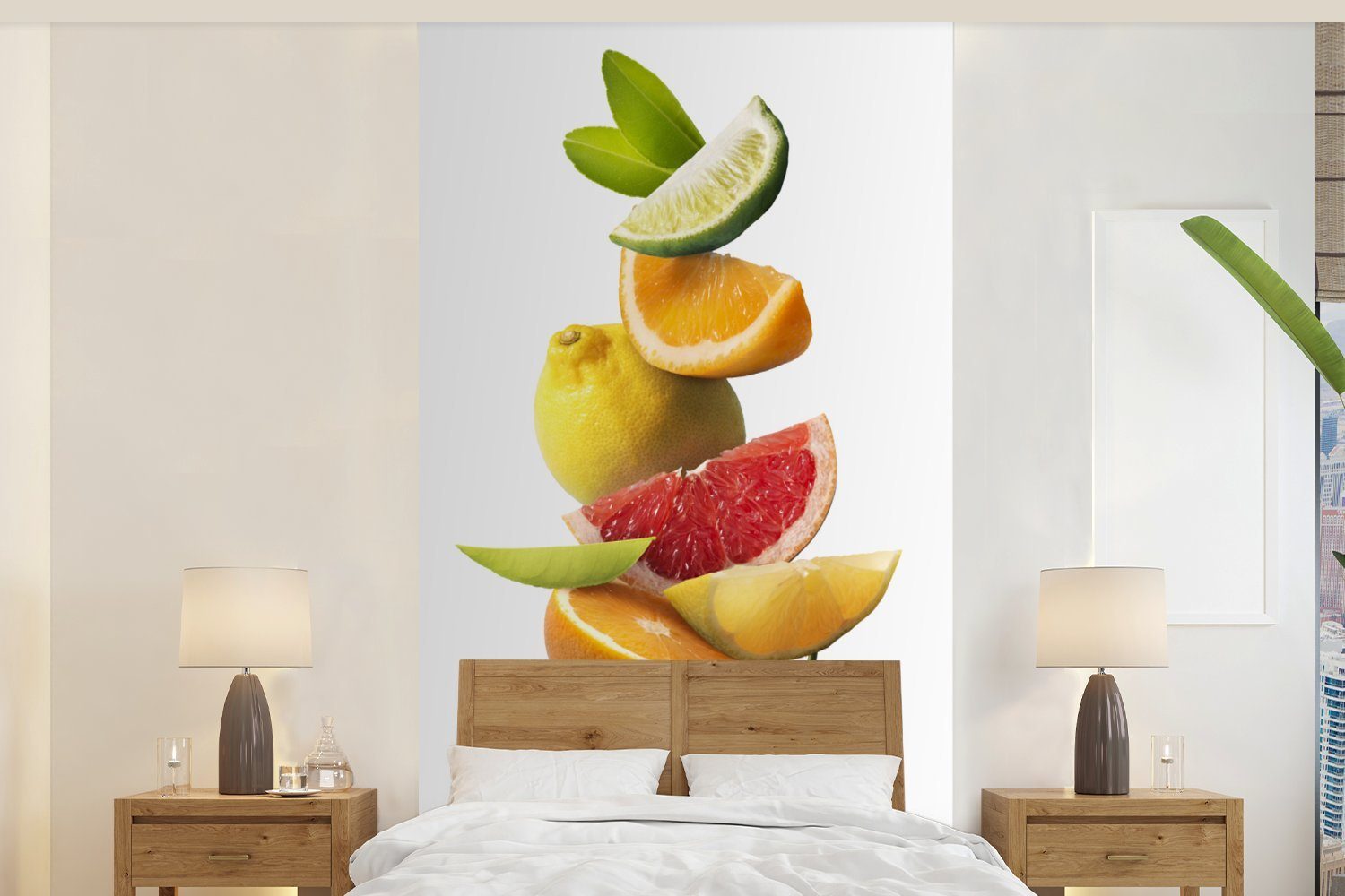 MuchoWow Fototapete Schlafzimmer - Wohnzimmer bedruckt, Zitrusfrüchte Obst für Küche, Fototapete Vliestapete Matt, St), Weiß, - (2
