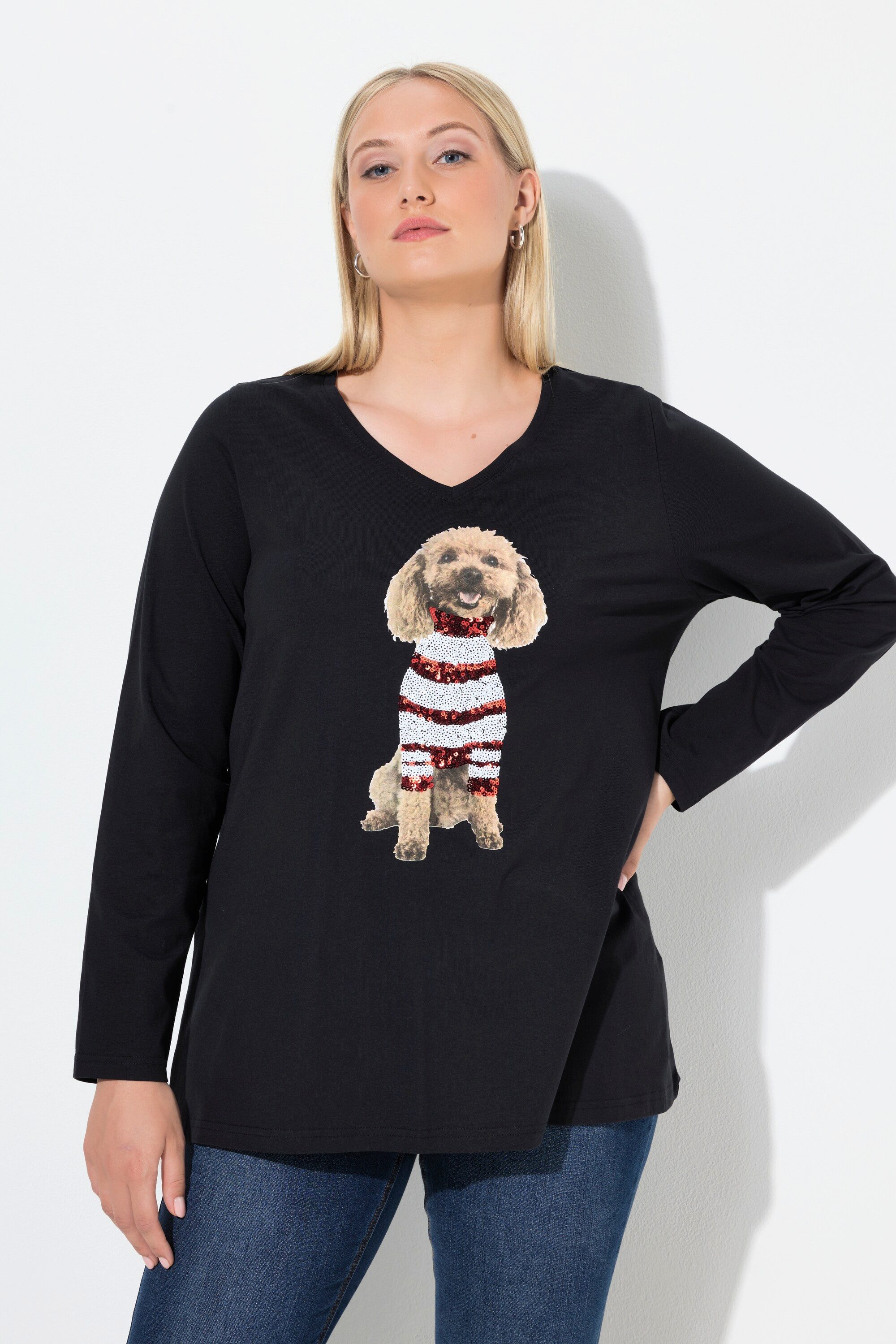 Ulla Popken Longsleeve Shirt Hund Pailletten A-Linie V-Ausschnitt Langarm günstig online kaufen