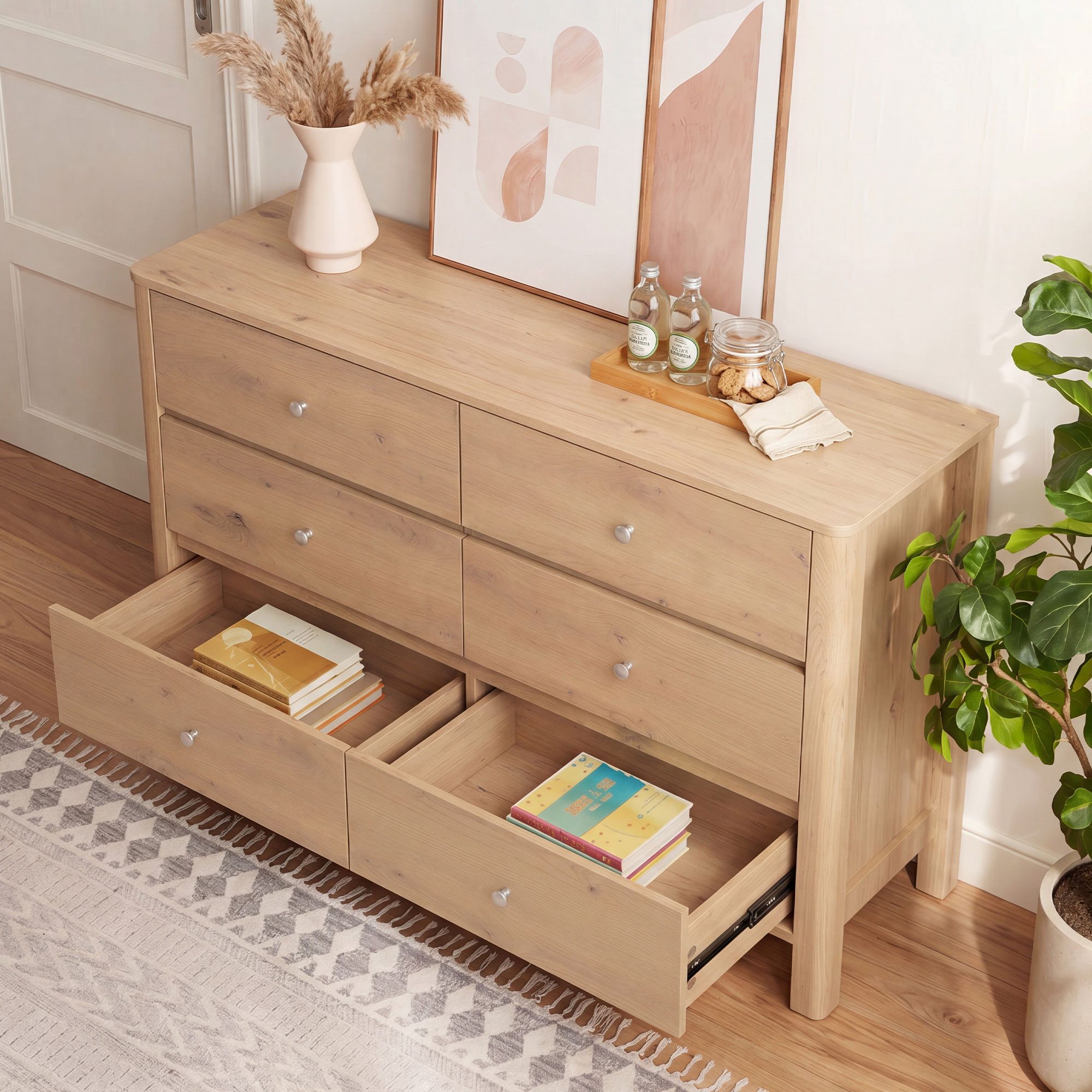 i@home Kommode Sideboard, mit sechs Schubladen, bietet viel Stauraum, 180×60×120 cm, eignet sich für Esszimmer, Wohnzimmer und Schlafzimmer, natur