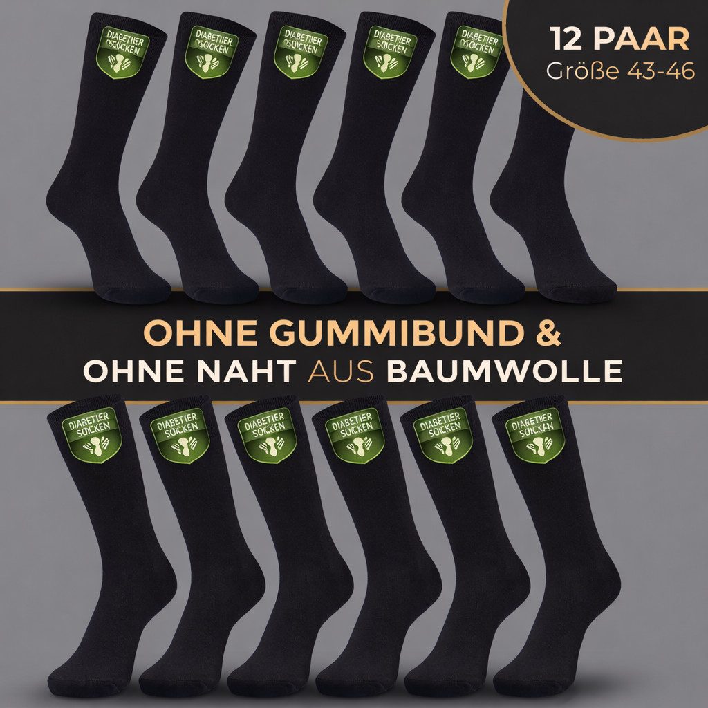 Weissmantel Diabetikersocken 12 Paar Diabetikersocken Baumwolle Ohne Gummi Ohne Naht Herrensocken (Socken Für Diabetiker - Atmungsaktiv - Ohne Druckstellen, Größen in 39 bis 42 und 43 bis 46) Socken für Diabetiker Herren Damen Diabetes Socken Ohne Gummibund