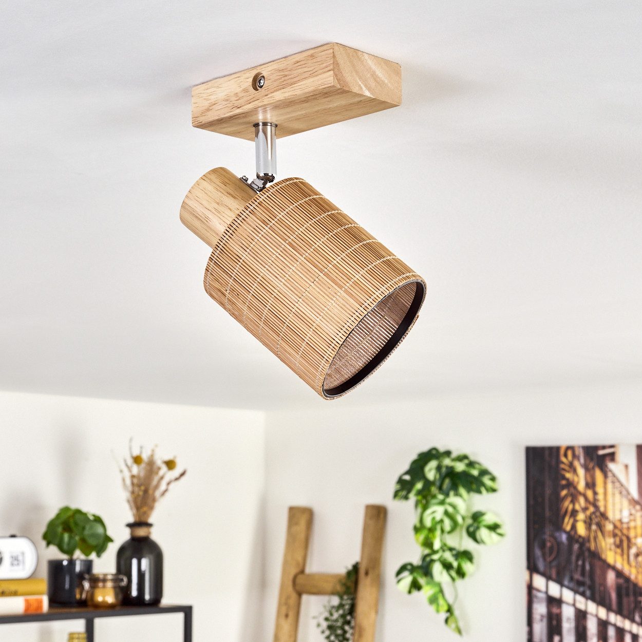 hofstein Wandleuchte Deckenlampe aus Holz/Metall/Bambus in Naturfarben/Chromfarben/Braun, ohne Leuchtmittel, mit verstellbarem Strahler, 1 x E14, ohne Leuchtmittel