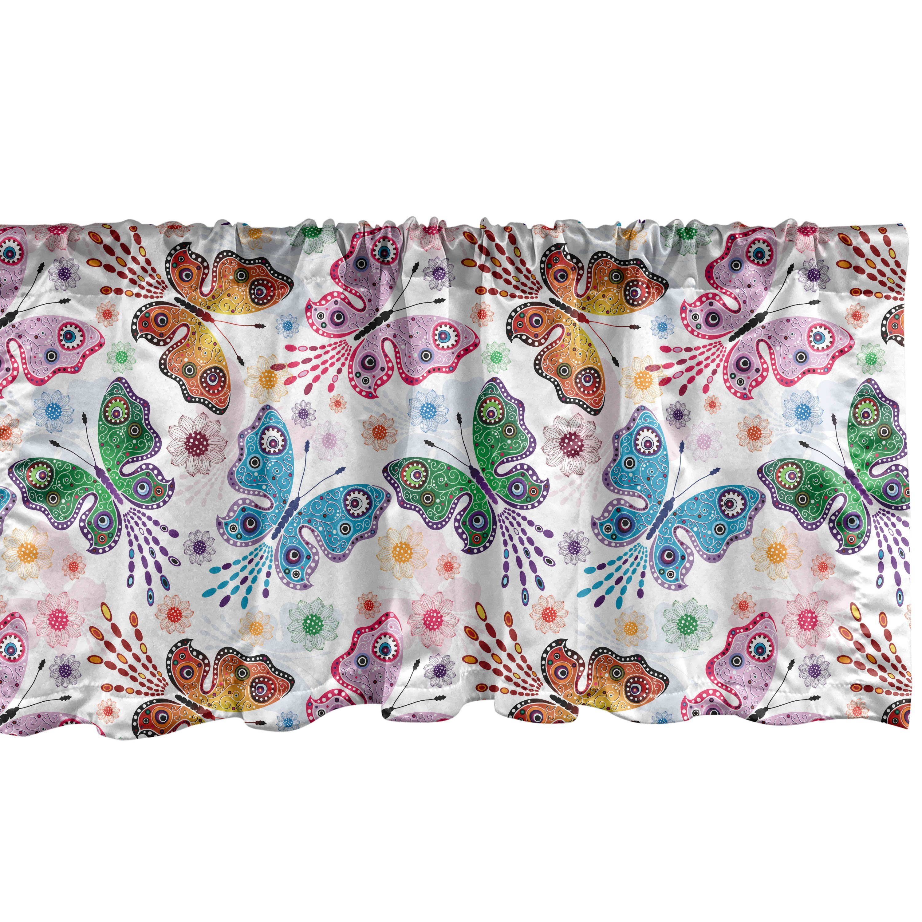Scheibengardine Vorhang Volant für Küche Stangentasche, Schlafzimmer Floral mit Schmetterling Dekor Vibrierende Abakuhaus, ethnische Microfaser
