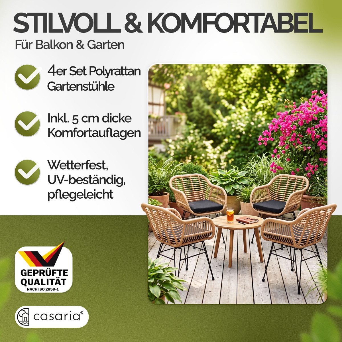 Casaria Gartenstuhl Bali (4 St), Set inkl. 5cm Auflagen Polyrattan Wetterfest Gartensessel Outdoor