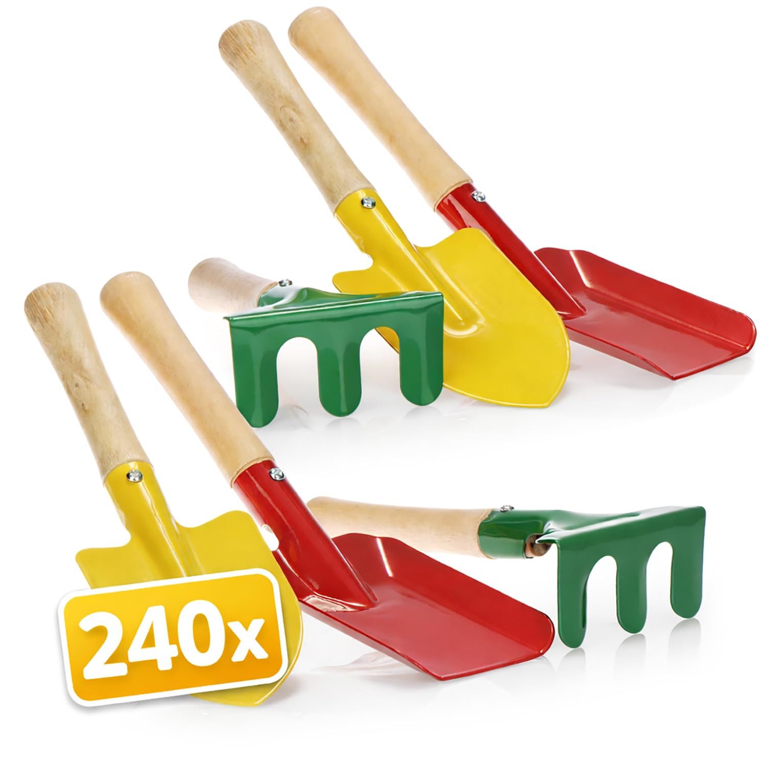 com-four Spielzeug-Gartenset Mini Gartenwerkzeug Set - Großpack Harke, Schaufel und Spaten, (240-tlg), aus robustem Metall und Holz - perfekt für Gartenarbeit