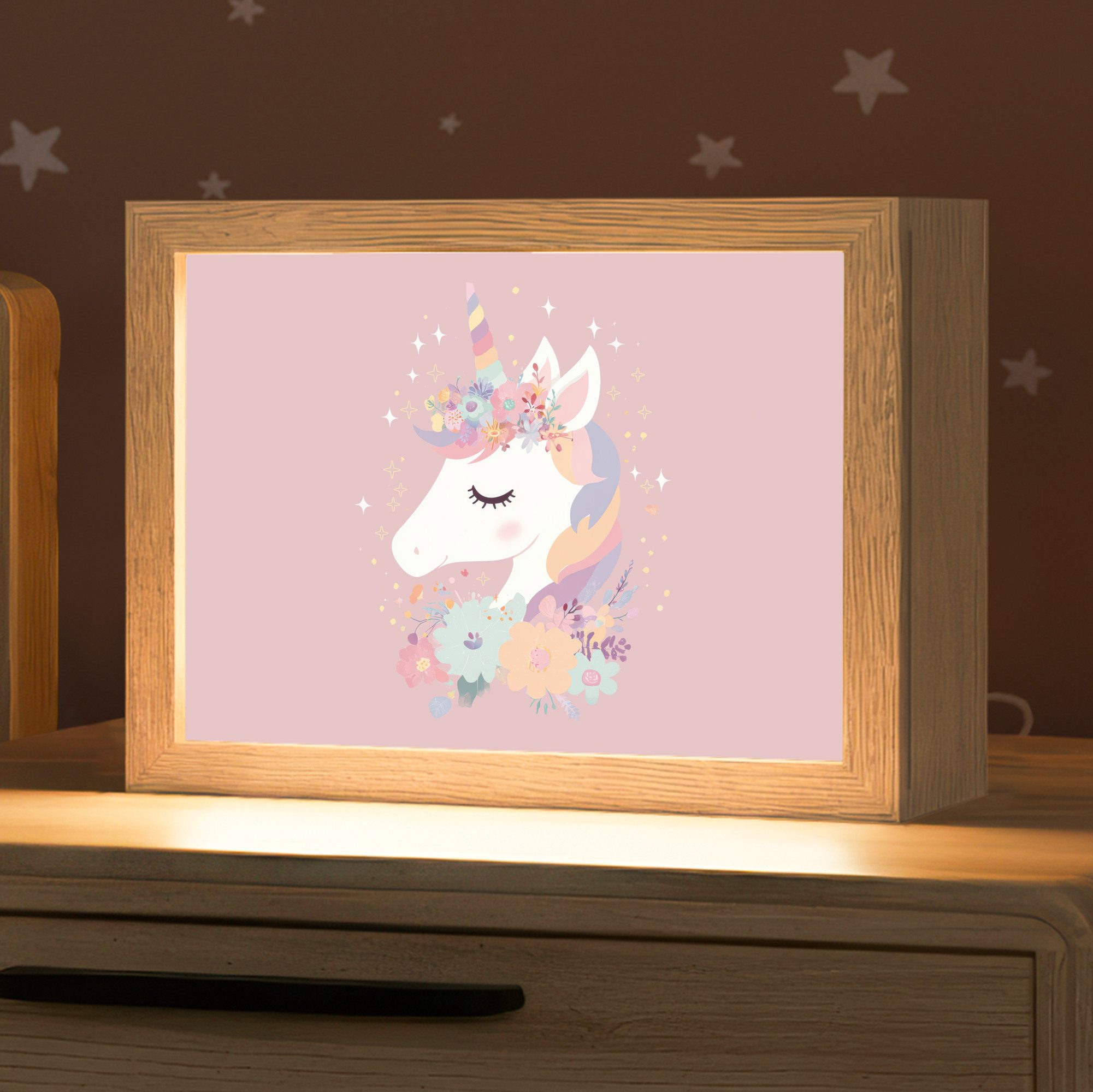OnlyWow Nachttischlampe Lightbox Einhorn - Rosa - Blumen - Mädchen, Dimmbar, Farbwechsel, LED, Warmweiß, Kaltweiß, Neutralweiß Einstellbar, Nachtlicht, Kinder- und Babyzimmer, Dimmbar, mit Kabel, Tischleuchte