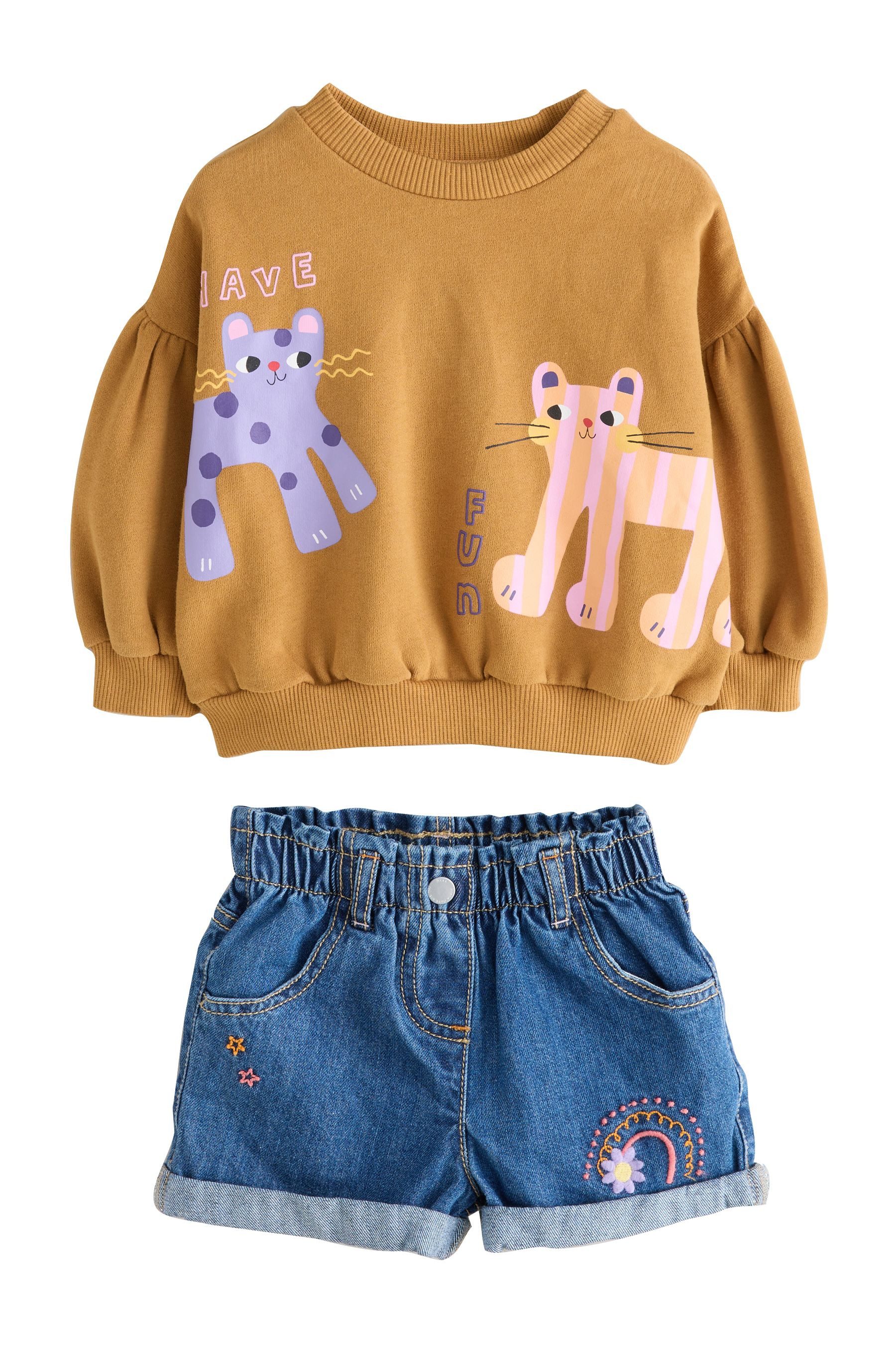 Shirt & Shorts Oberteil mit Animal-Print und Denim-Shorts, Set