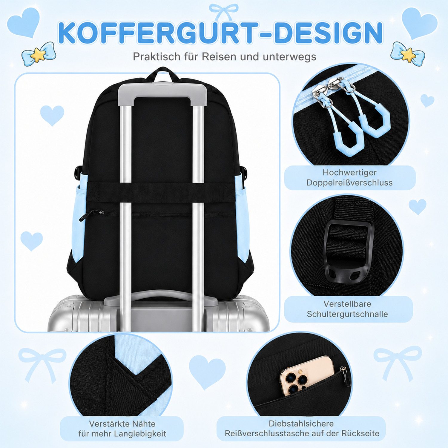 MOPUEA Schulrucksack Schulrucksack Set 3tlg Schulrucksack mit Lunchpaket und Mäppchen (Set, 3-tlg., Leicht Schulrucksack Teenager für Schule, Reisen und Freizei – Bild 4 von 5
