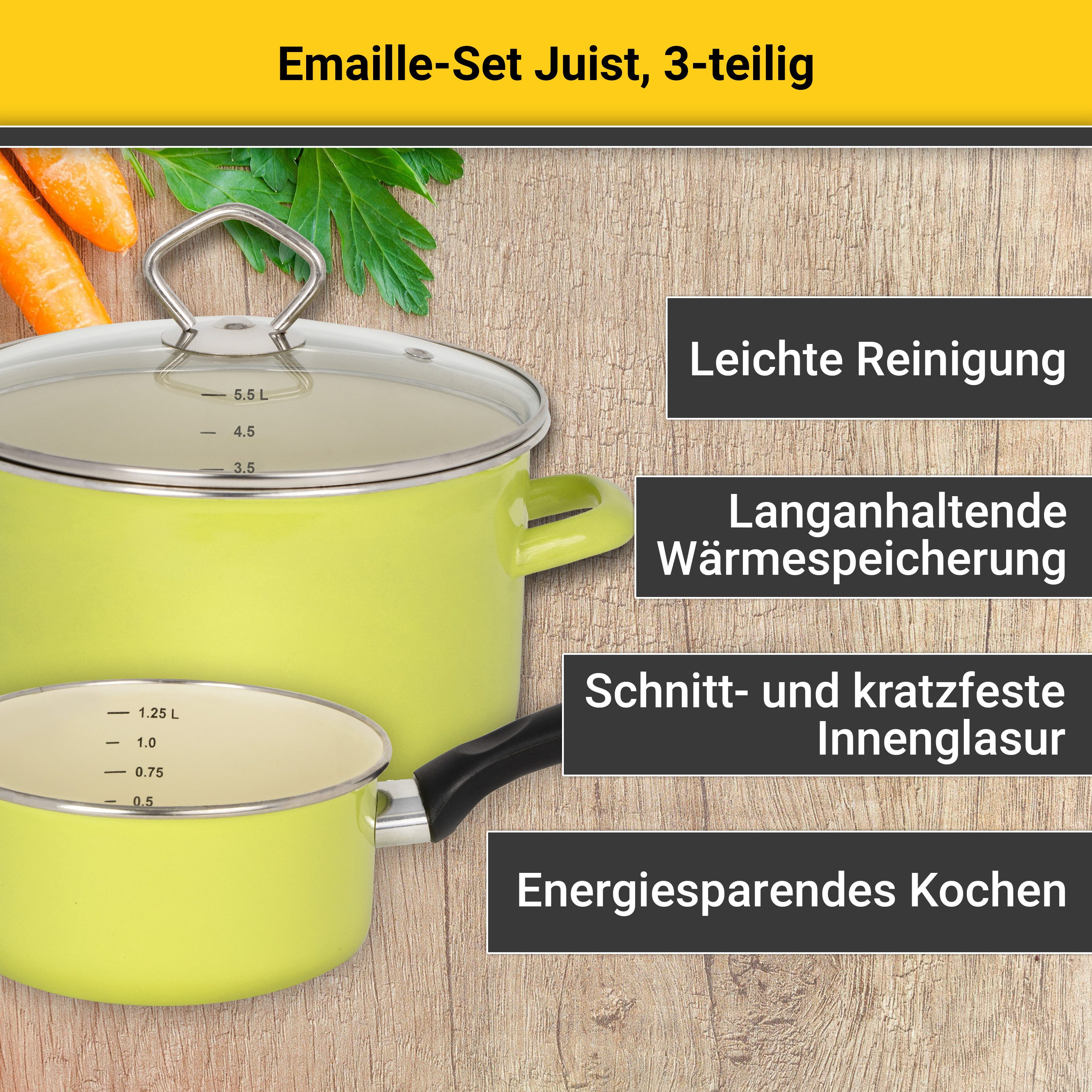 Krüger Topf-Set Emaille Topfset Juist, Emaille (Set, 5-tlg., Fleischtopf Ø 16 + Ø 20 cm mit Deckel, Stieltopf Ø 16 cm), mit Literskala, schnitt- & kratzfest, spülmaschinengeeignet