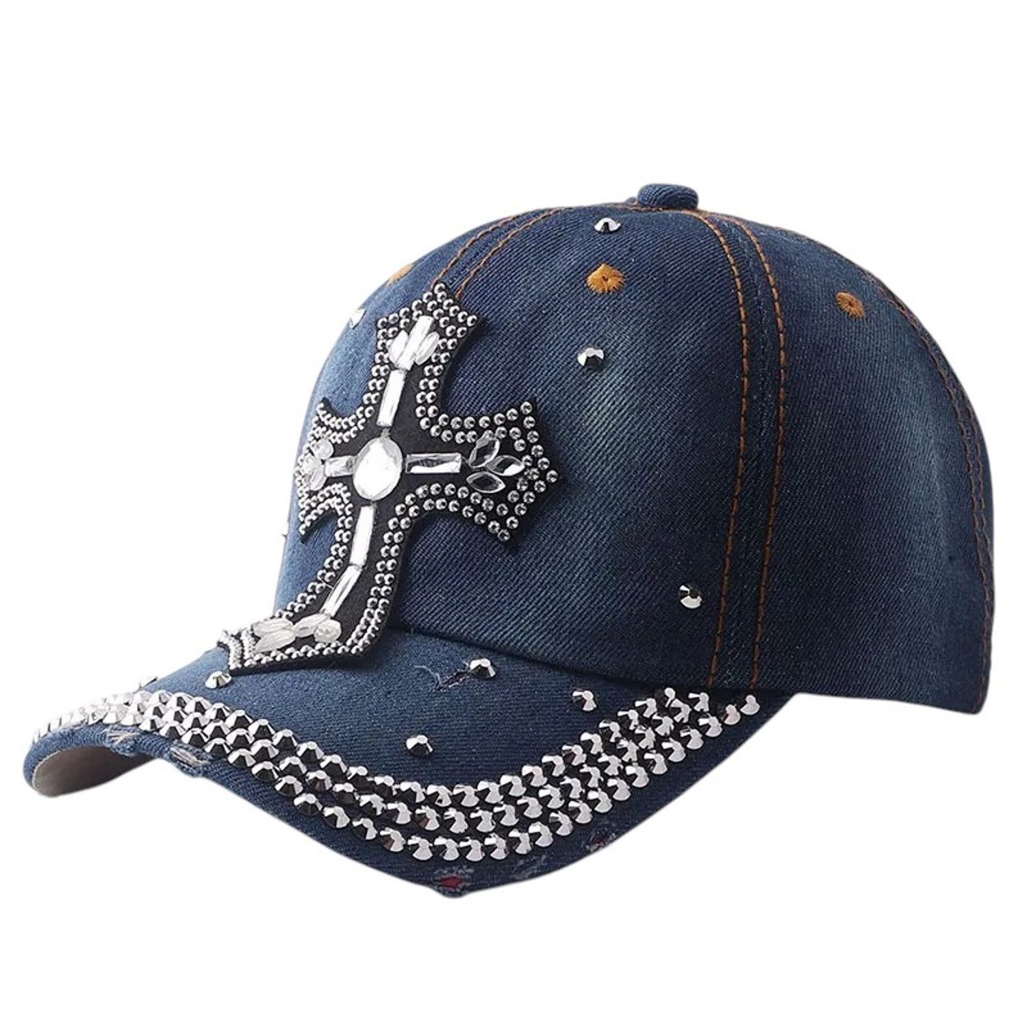 KARMA Schirmmütze Basecap Damen Kreuz Baumwolle Kristalle Baseball Cap (1-St., Used-Look gebogener Schirm Schirmmütze Basecap) Jeansblau Hell od. Dunkelblau verstellbar