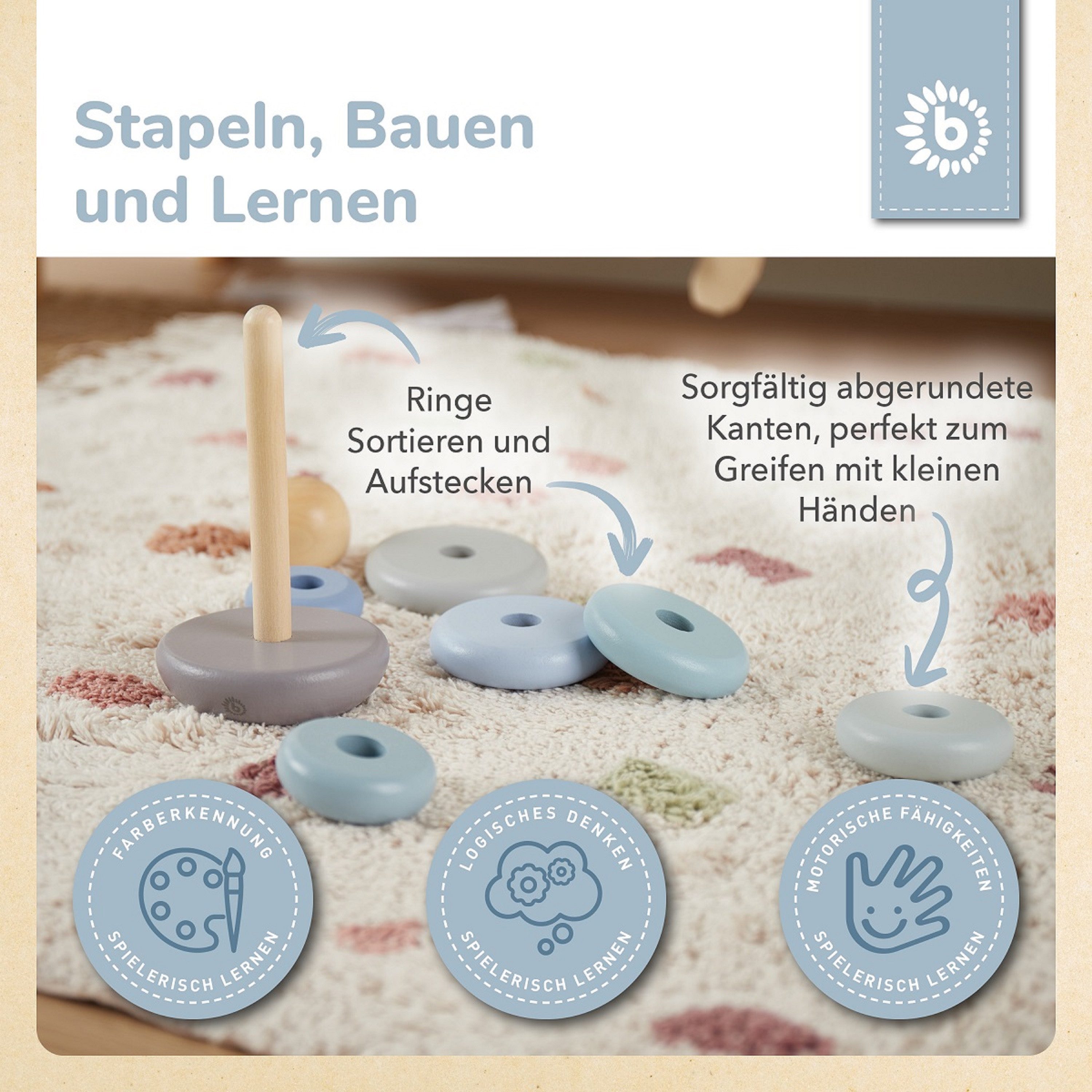 BIECO Stapelspielzeug Stapelturm Baby Holz 19 cm Steckspiel ab 1 Jahr Stapelringe Baby