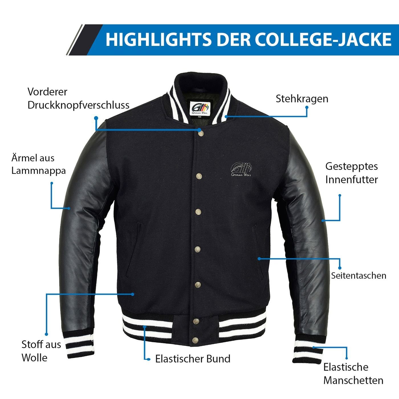 Collegejacke Wear Schwarz Collegejacke CJ002 Blouson German mit Lederärmel Wolljacke