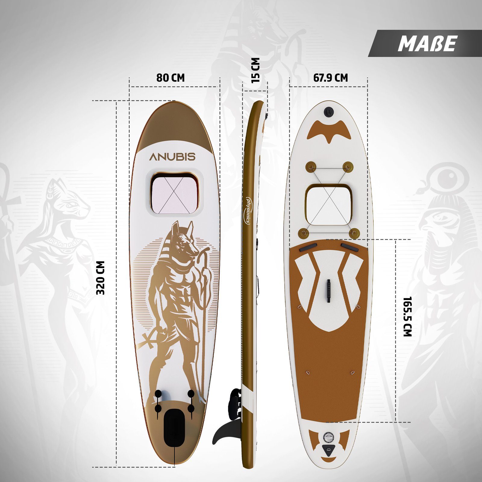 Up Stand Board Physionics 320cm SUP-Board Aufblasbares SUP Board Anubis(Gold) Paddle