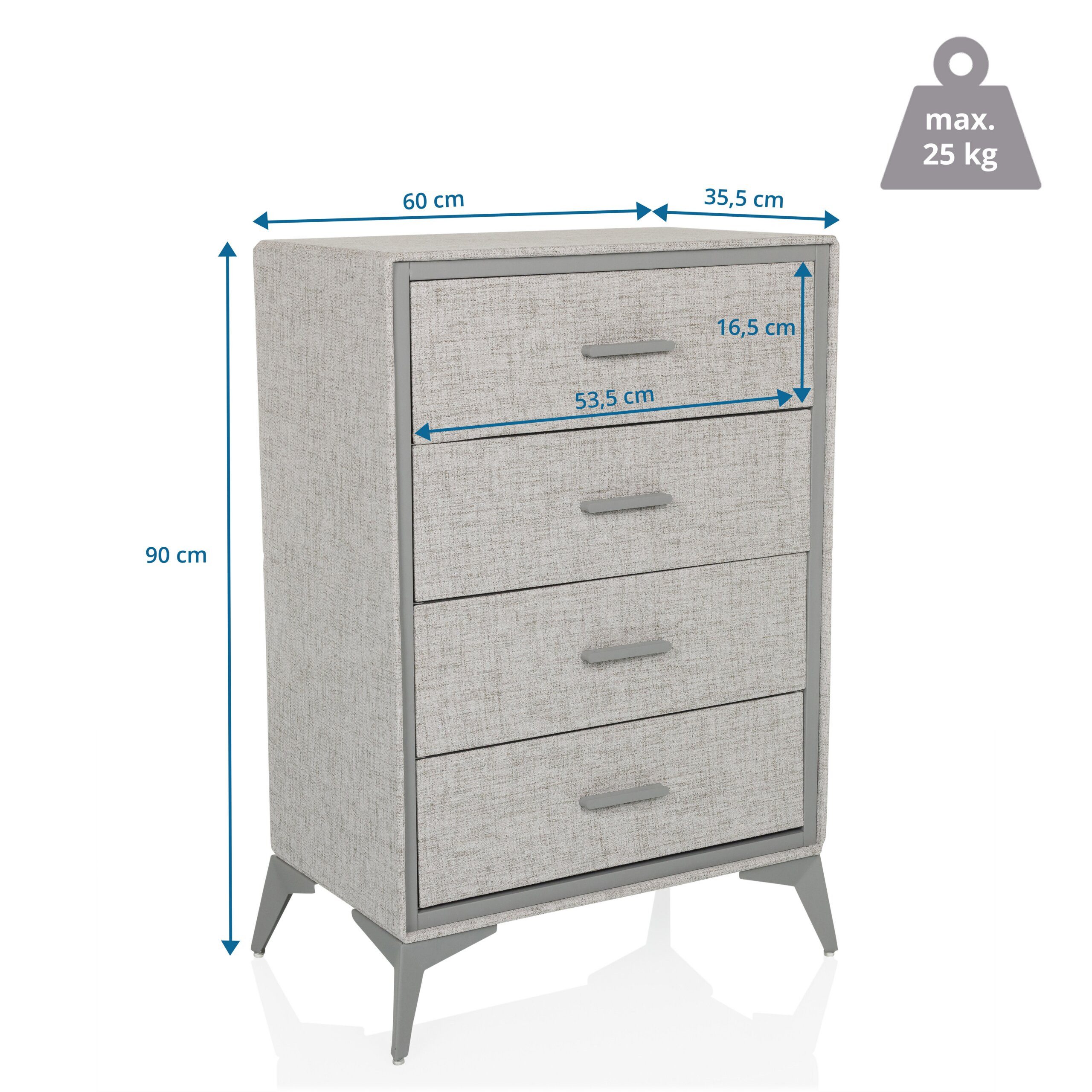 hjh LIVING Kommode SKUFFY Sideboard H/B/T: 90.0 x 60.0 x 35.5 cm, Highboard mit 4 Stoff-Schubladen, Metallgestell, Schubladenkommode