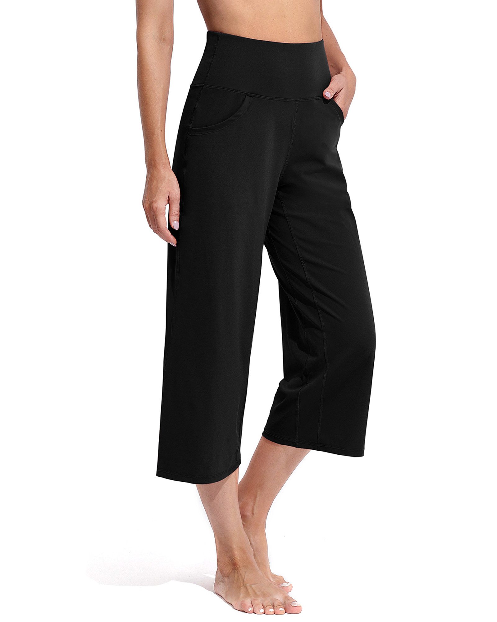 PROMOVER Yogahose Weit geschnittene Yogahosen für Damen, lässige Sommerhosen Knielange Caprihosen, weite Yogahosen mit Taschen