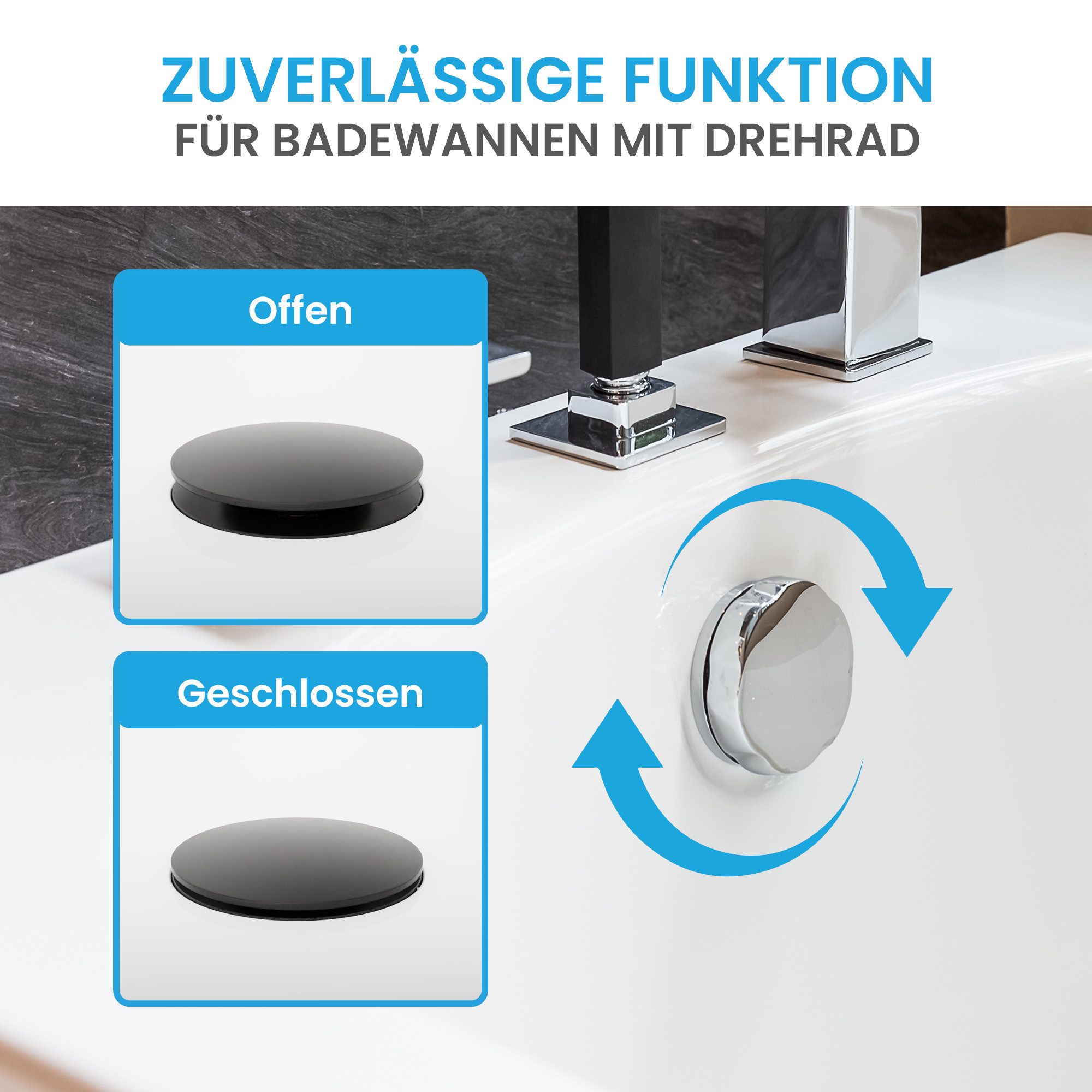 Bächlein Badewannenstöpsel Hochwertiger Badewannenstopfen mit Excenterverschluss, (Schwarz-matt), Ablaufgarnitur für jede Badewanne inkl. Dichtungen – Bild 5 von 5