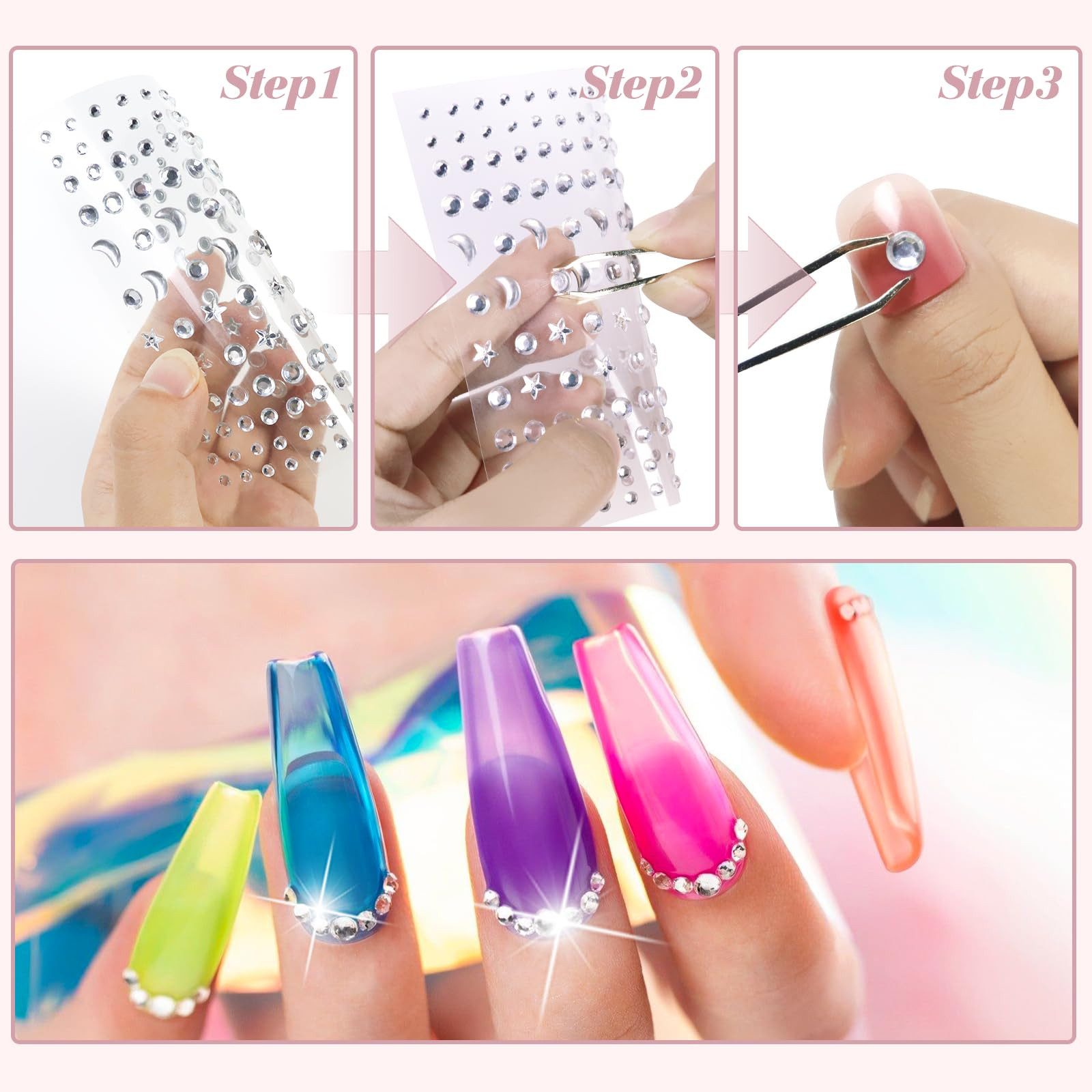 FOUORTUNATE-BEE Nageldesign Zubehör 850 Strasssteine selbstklebend für Gesicht Körper Nägel DIY Deko, Strasssteine Set 850 Stück selbstklebend für Gesicht Nail  – Bild 4 von 5