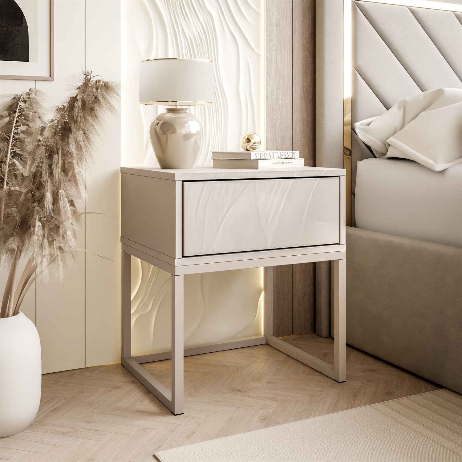 Lookway Nachttisch BLANCO Kaschmir auf Gestell – Moderner Nachtschrank fürs Schlafzimmer (1x Nachttisch), Breite: 45 cm
