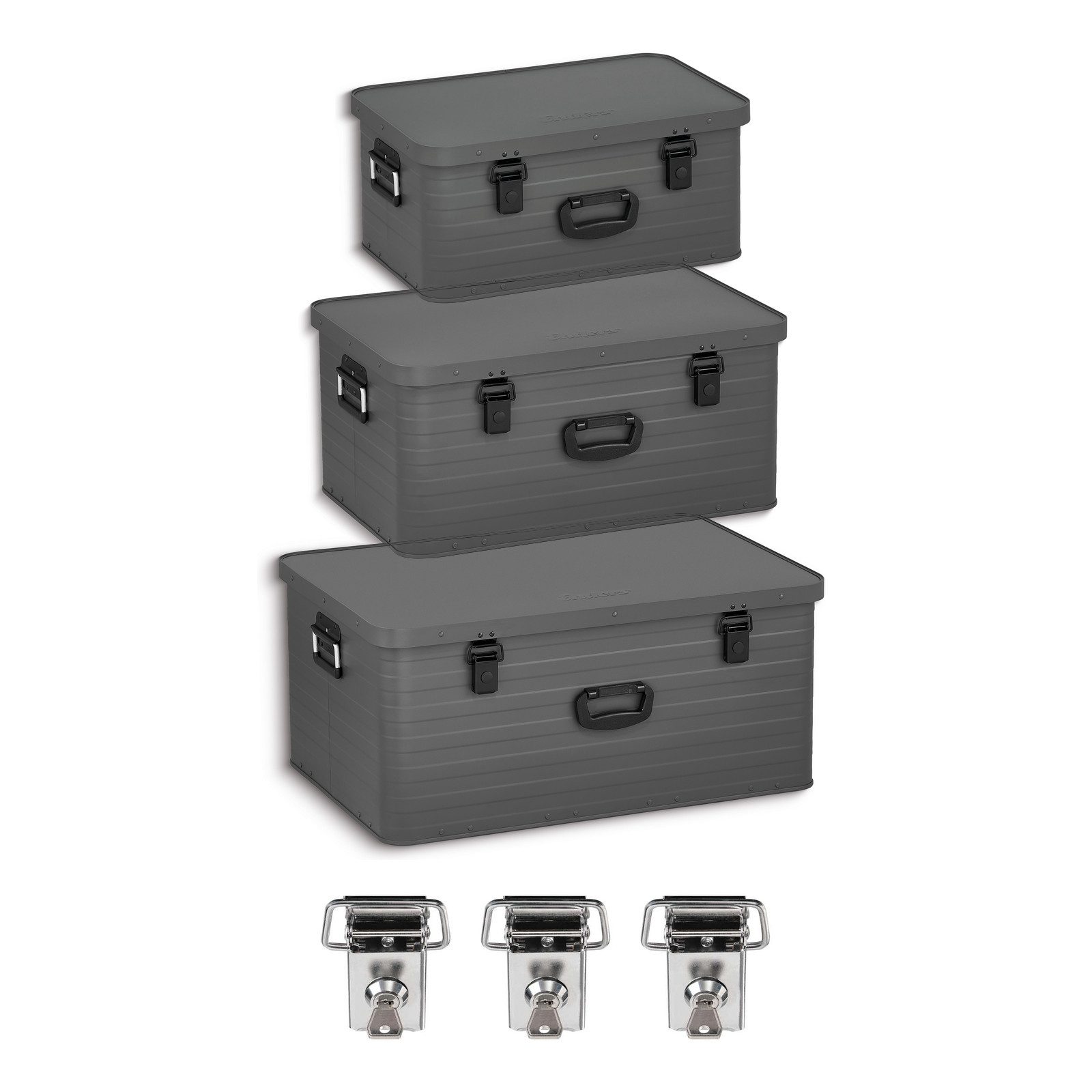 Enders® Aufbewahrungsbox Aluboxen Set 47, 80 und 130 Liter Grau + Schloss Set, Alukiste Transportbox Lagerbox Alukoffer Metallkiste Alubox