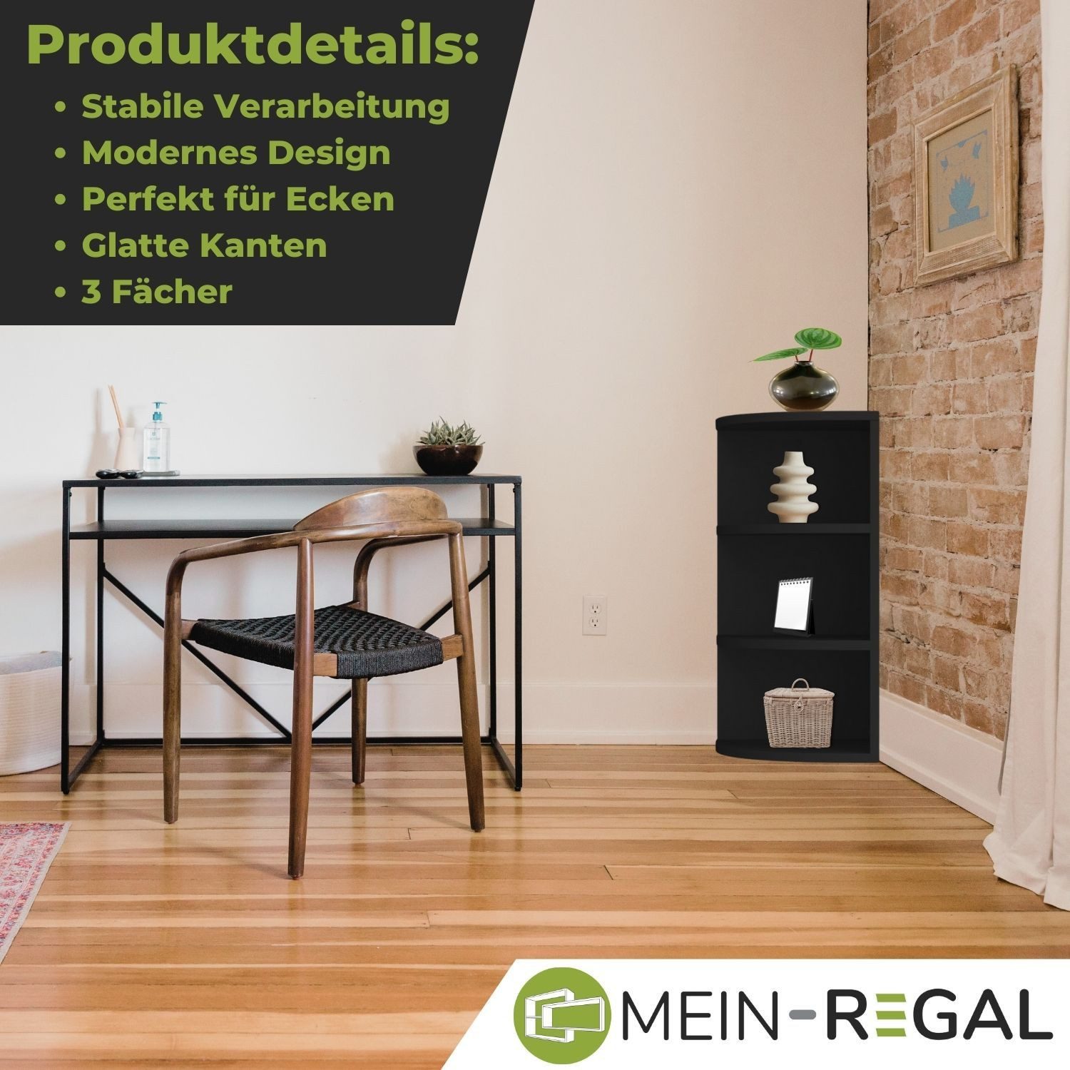 Mein-Regal Standregal CORNER 60, Schwarz Eckregal 30x30x60 cm Holz 3 Fächer Deko Bücherregal Wandregal